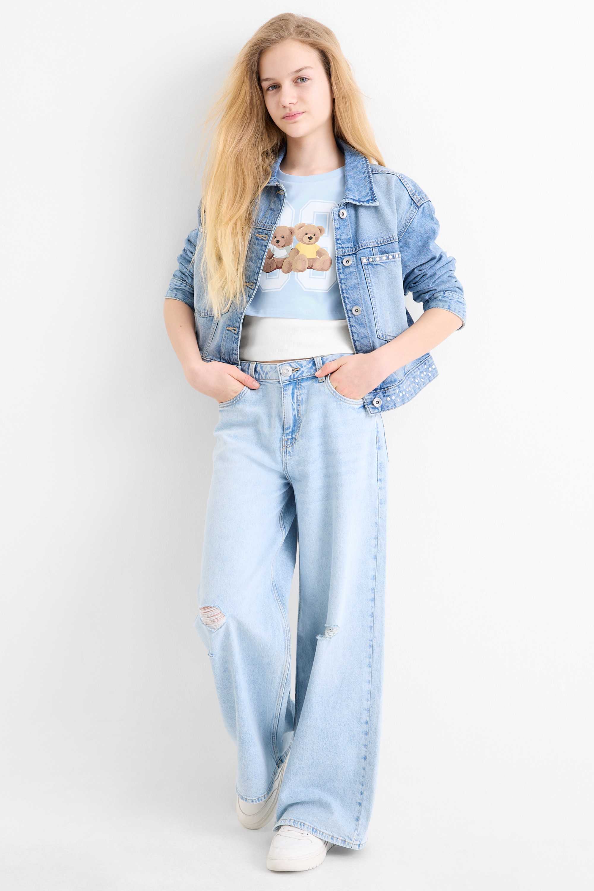 Teddy bear - set - short sleeve T-shirt and top - 2 piece light blue
