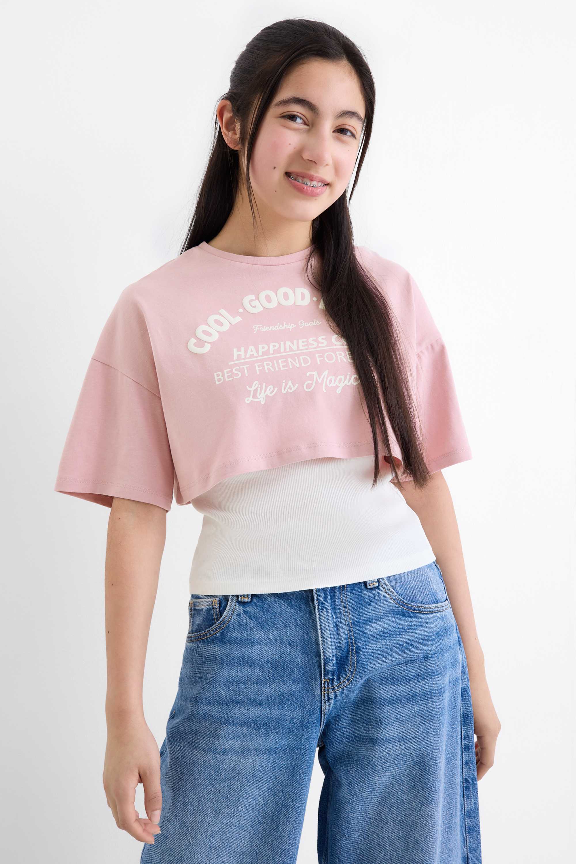 Set - short sleeve T-shirt and top - 2 piece white / rose