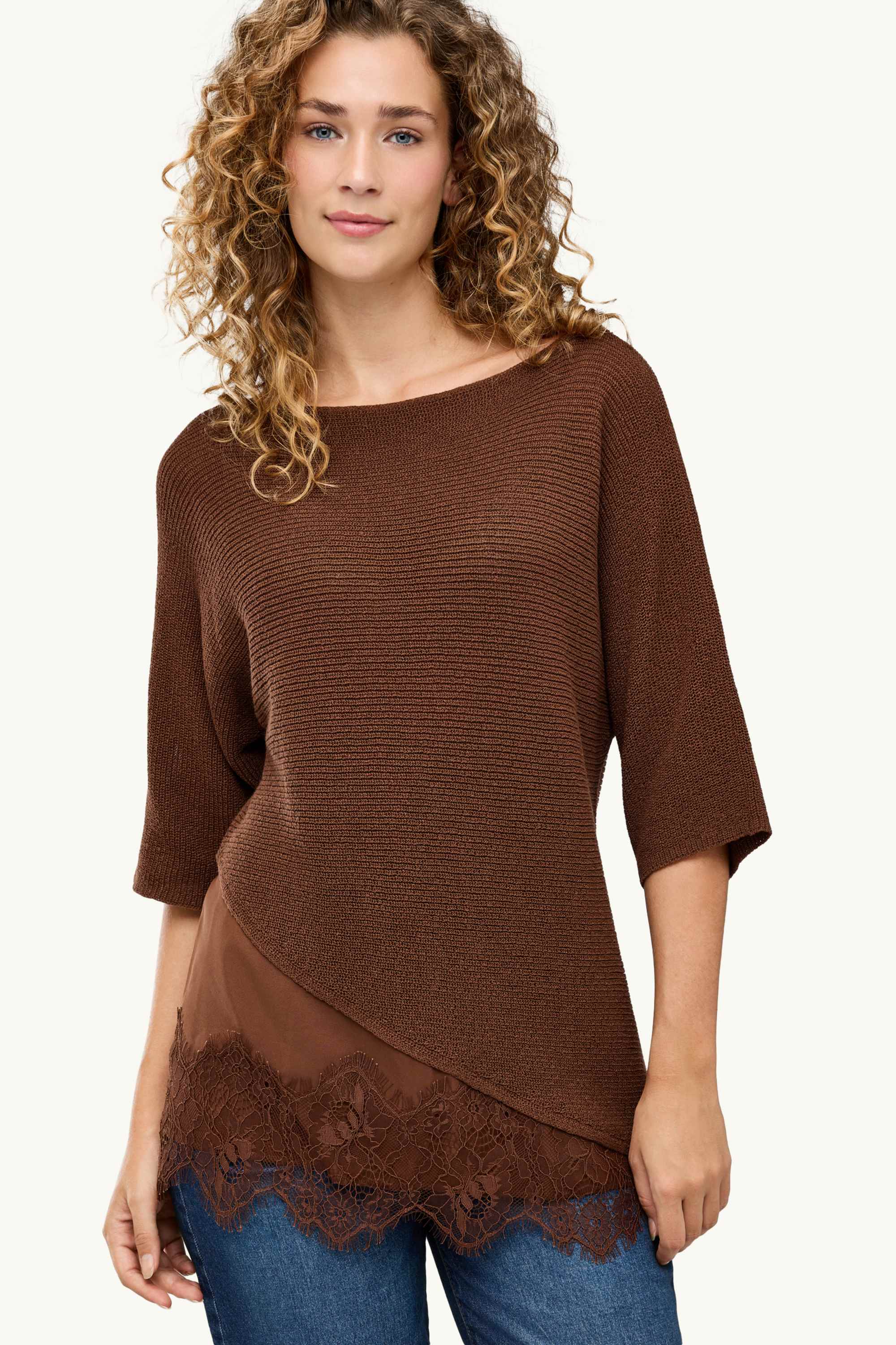 Knitted jumper - short sleeve - ribbed brown