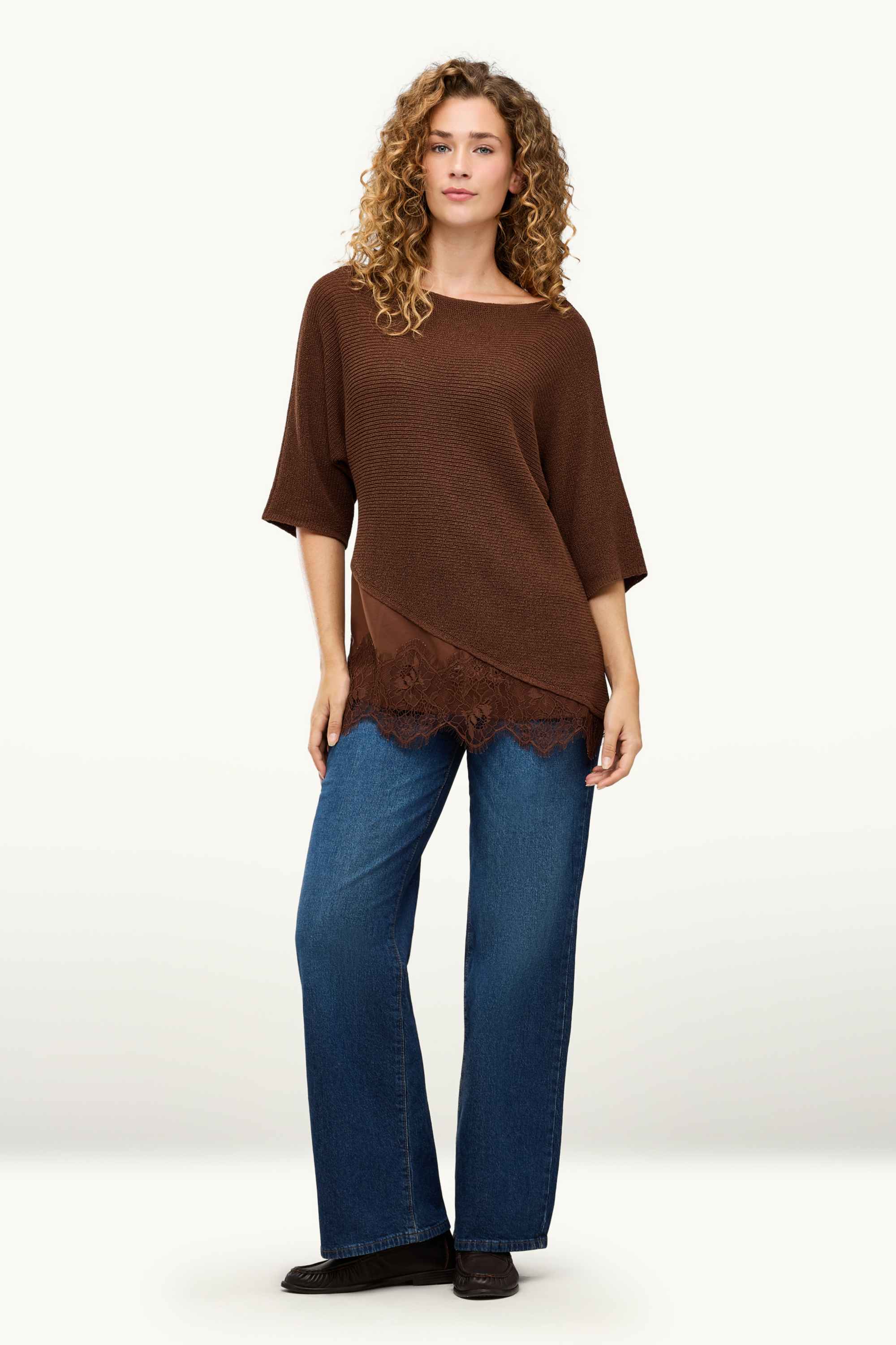 Knitted jumper - short sleeve - ribbed brown