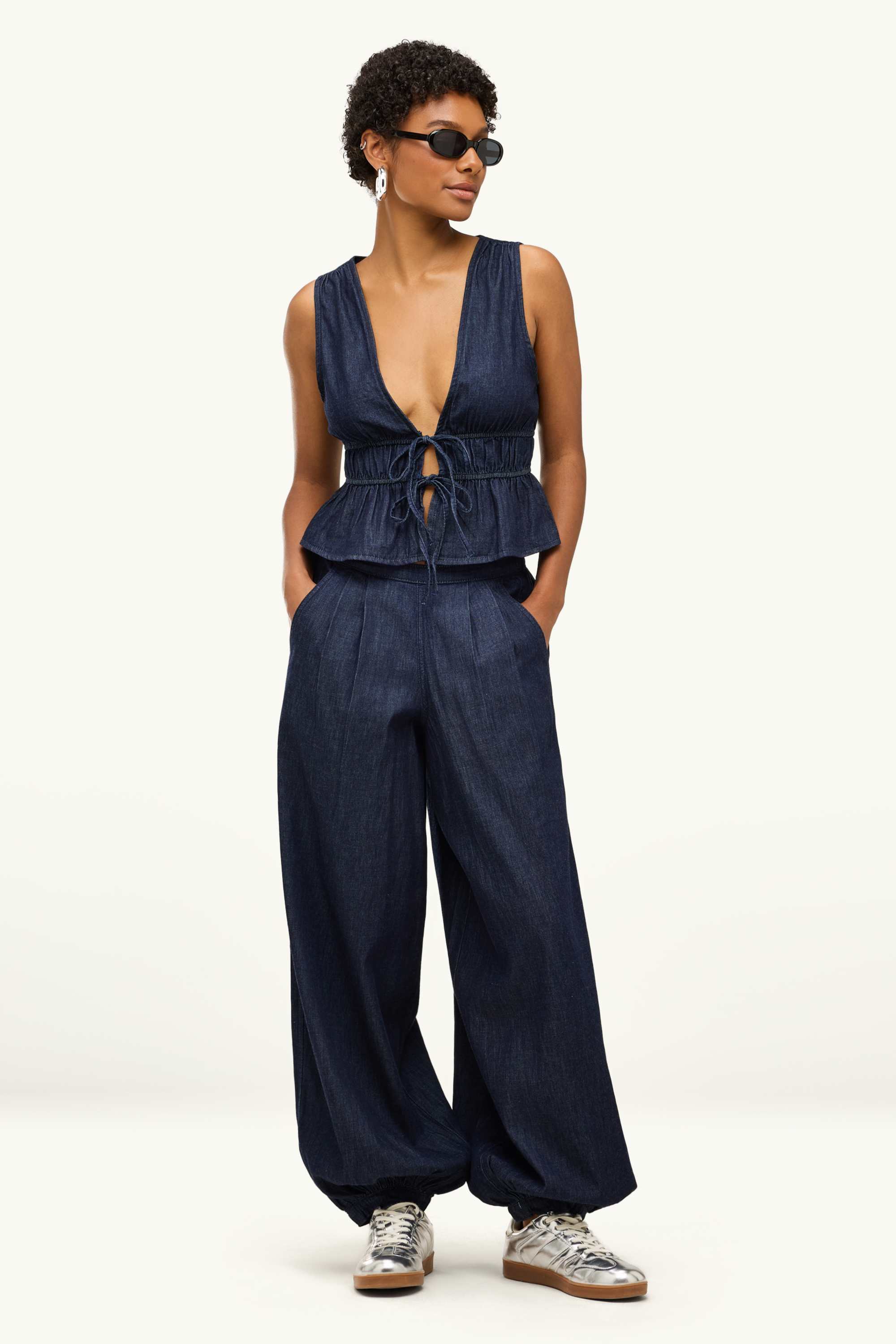 Blouse top - denim look - smocked dark blue