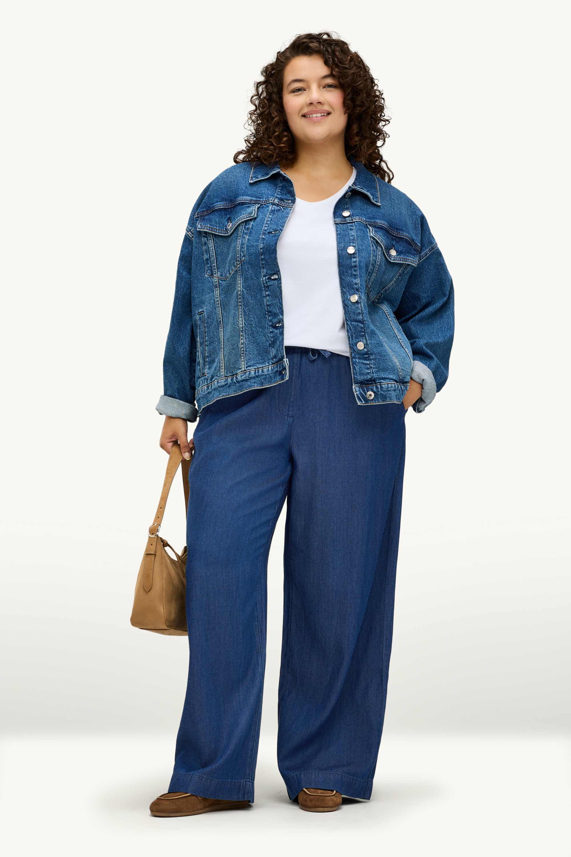 Cloth trousers - high waist - wide leg - denim look blue denim