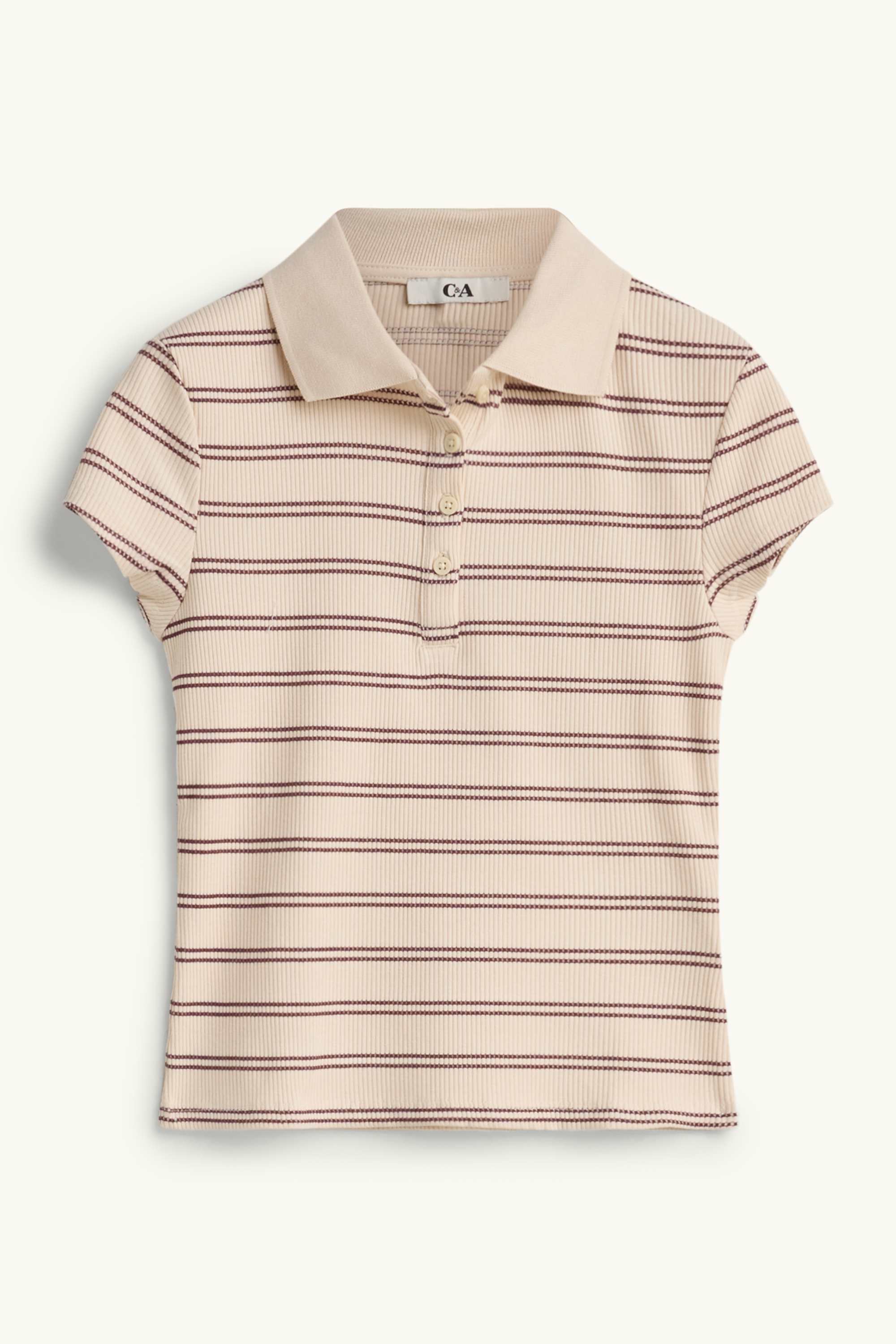 Knitted polo shirt - slim fit - ribbed - striped beige / bordeaux