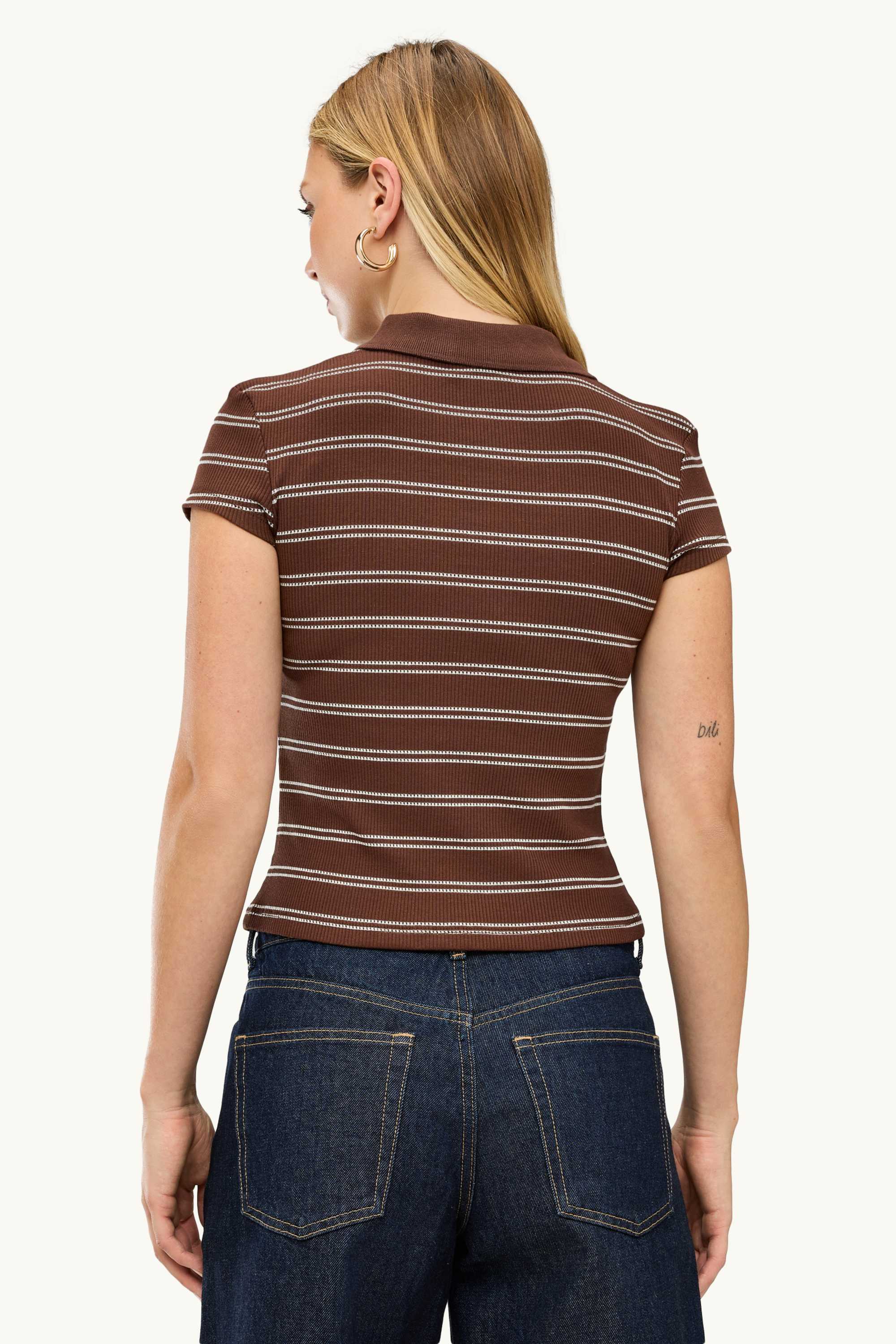 Knitted polo shirt - slim fit - ribbed - striped brown