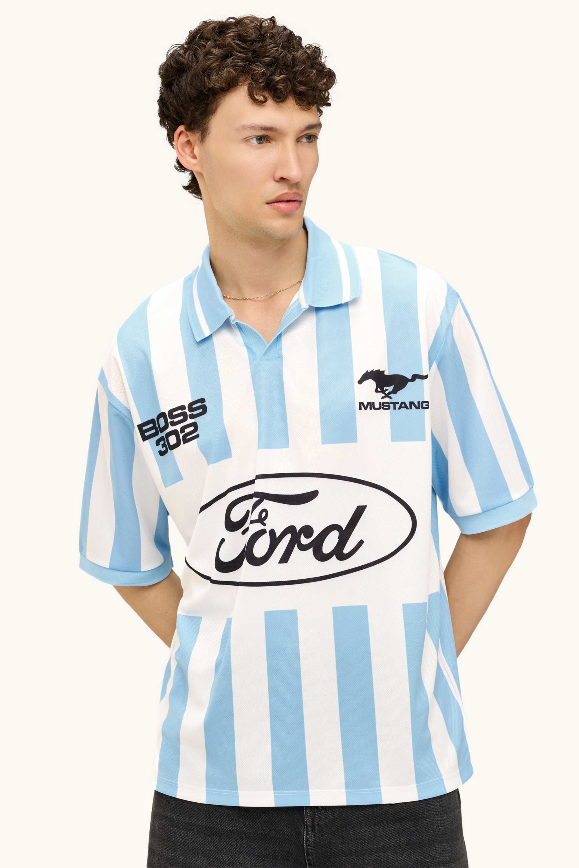 Polo shirt - relaxed fit - striped - Ford Mustang white / blue