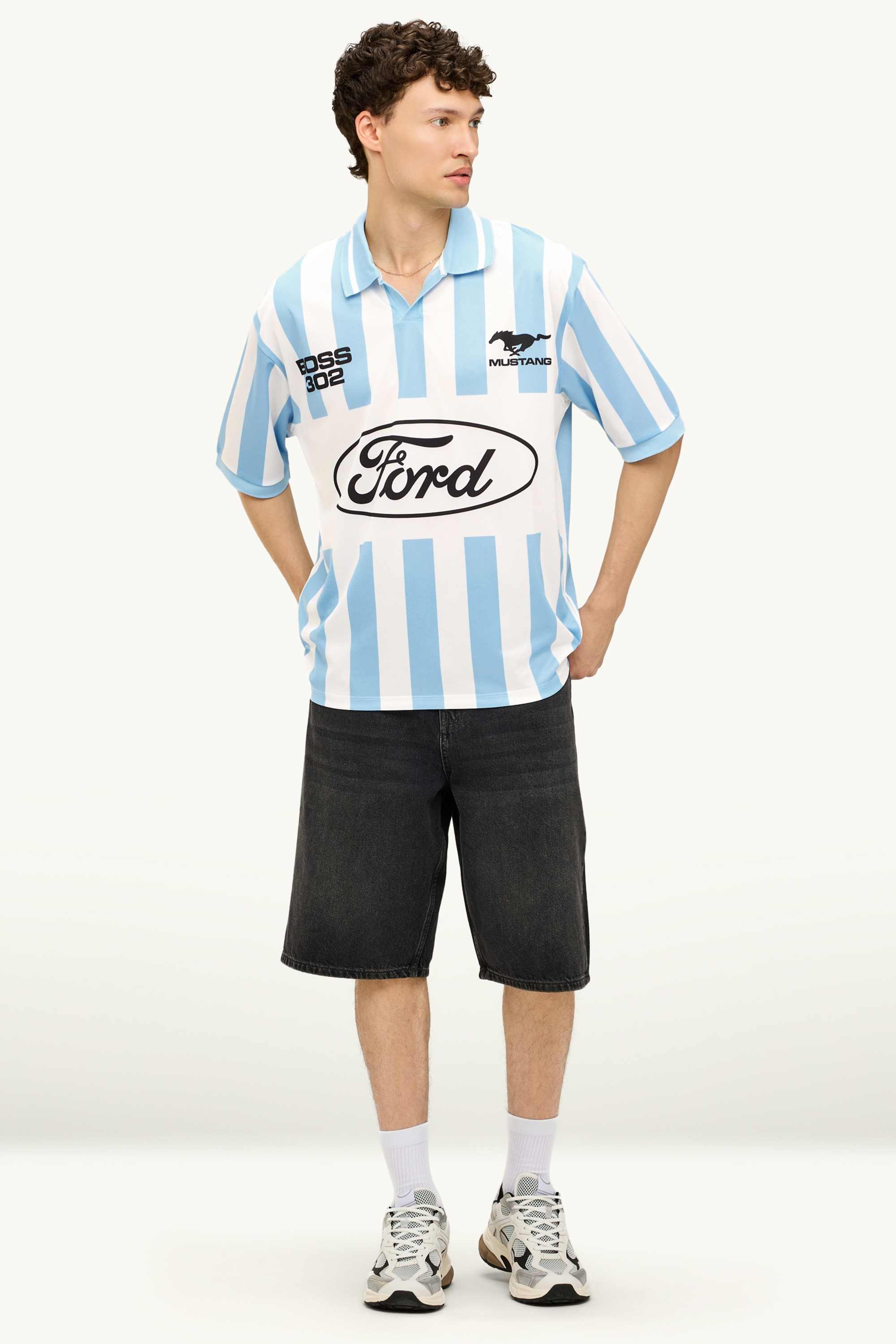 Polo shirt - relaxed fit - striped - Ford Mustang white / blue