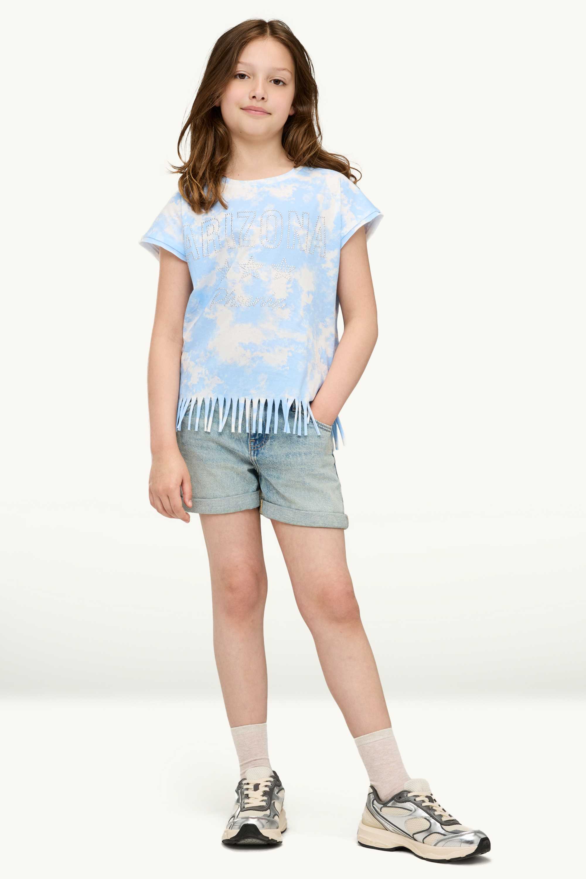 Arizona and cloud - short sleeve T-shirt with rhinestones blue / white