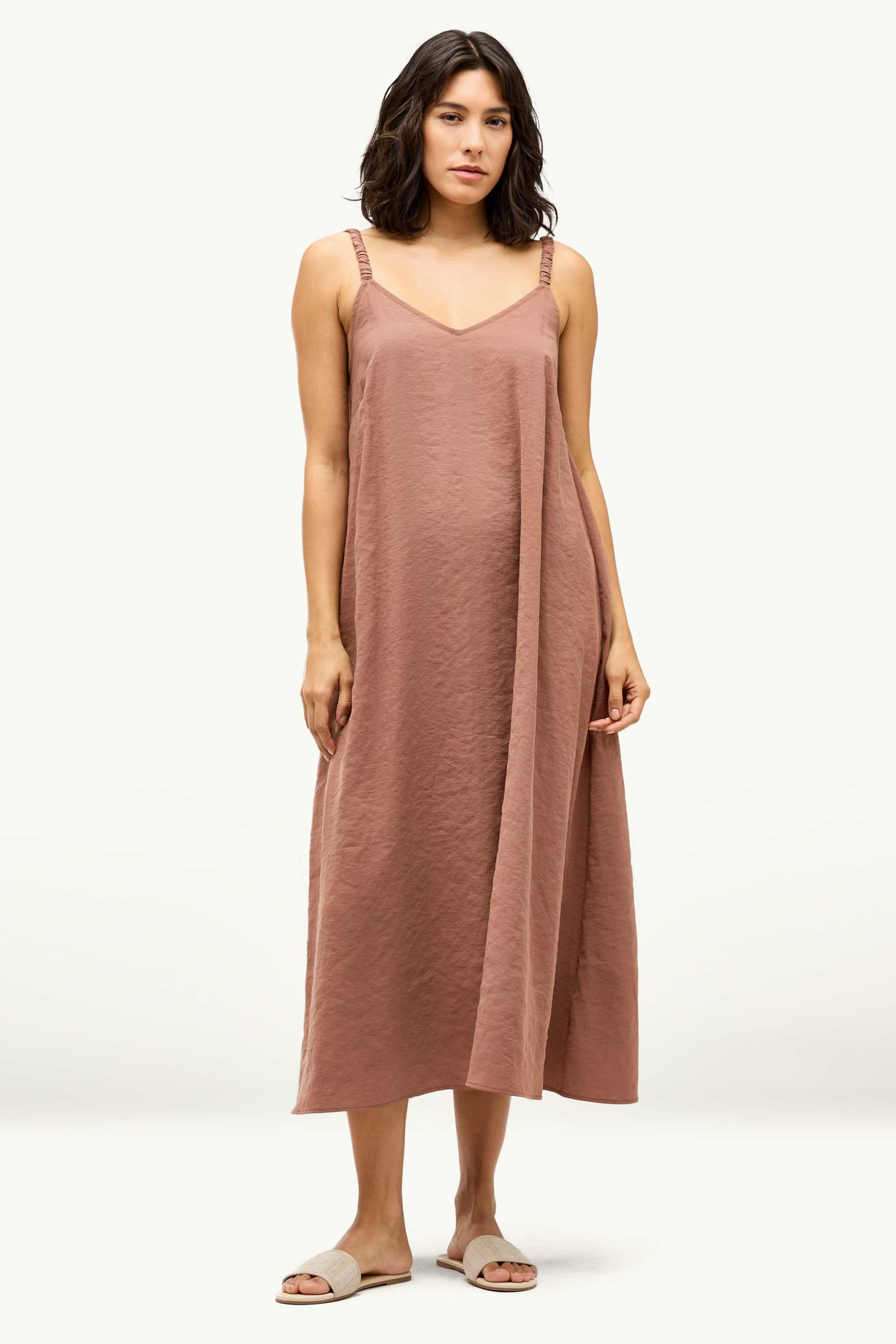 V-neck A-line dress light brown