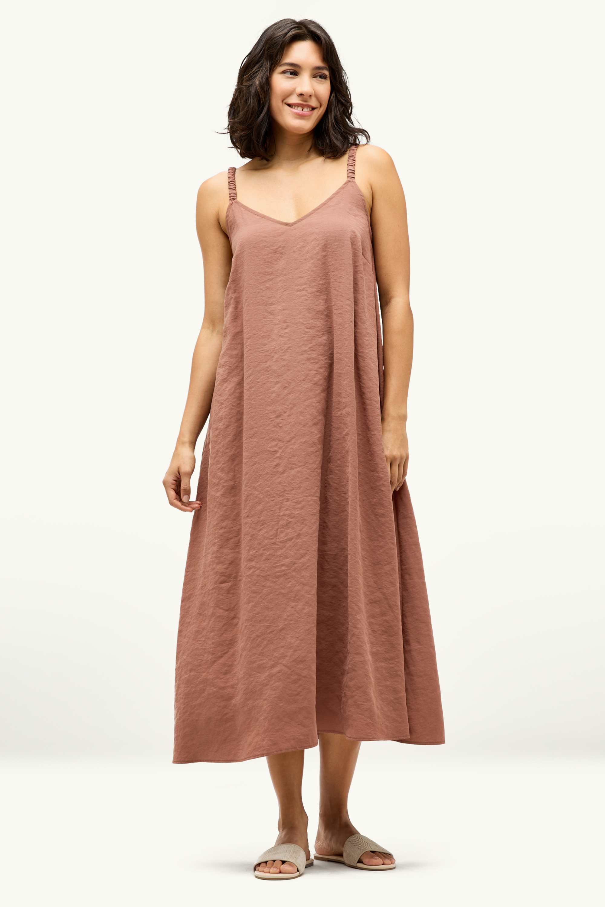 V-neck A-line dress light brown