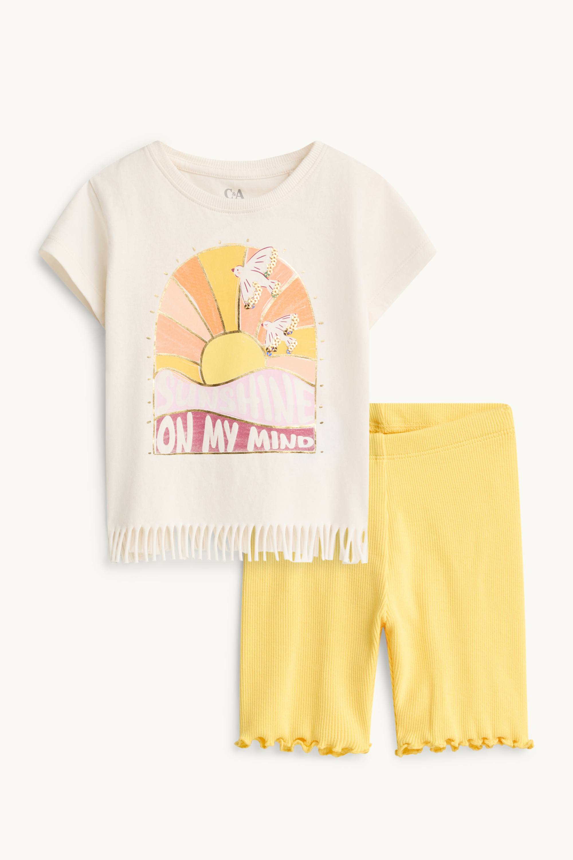 Sunset and doves - set - short sleeve T-shirt and shorts white / yellow