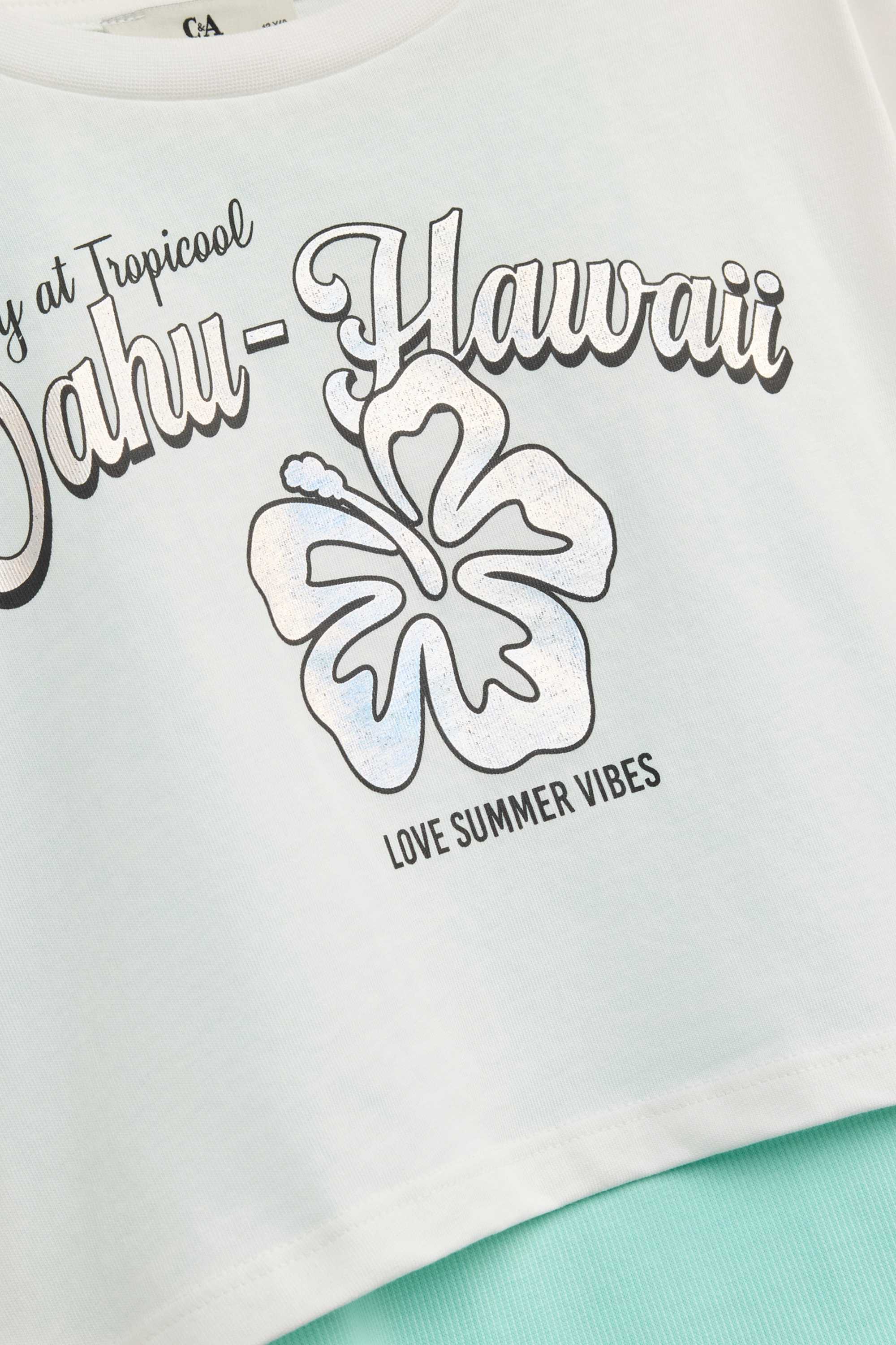 Hawaii - set - top and short sleeve T-shirt - 2 piece white / turquoise
