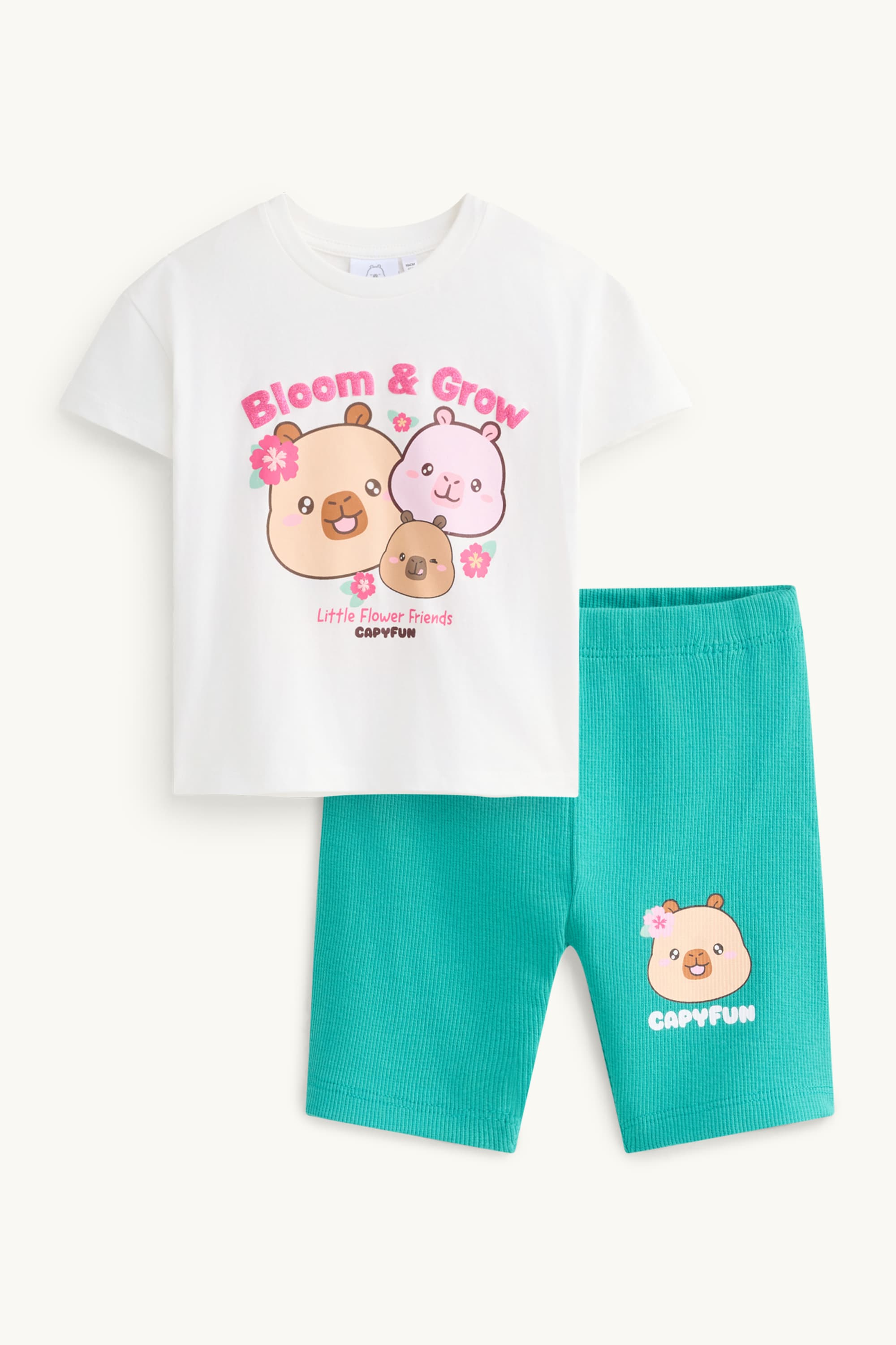 CapyFun - set - short sleeve T-shirt and shorts - 2 piece white / turquoise