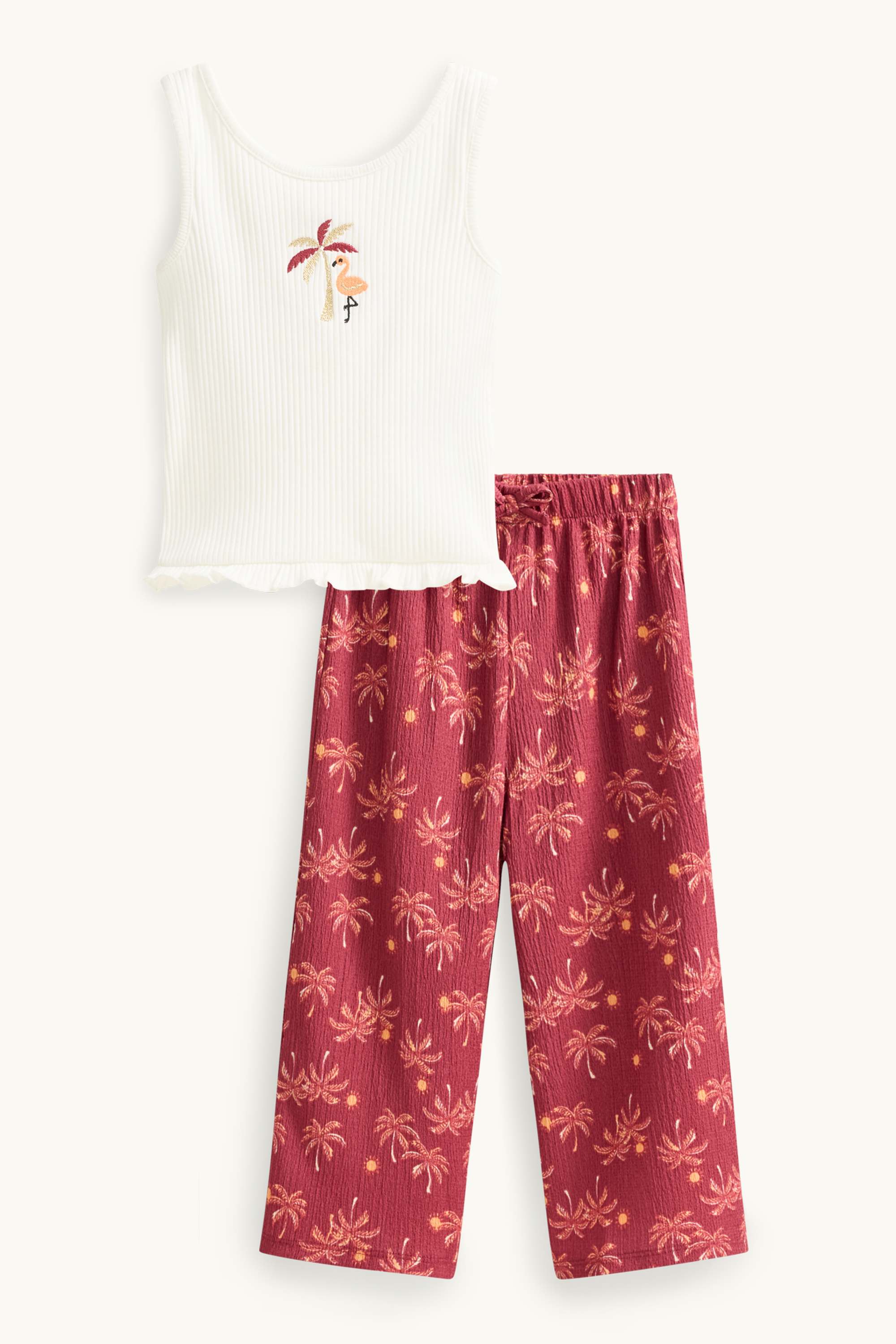Palms and flamingo - set - top and cloth trousers - 2 piece white / red