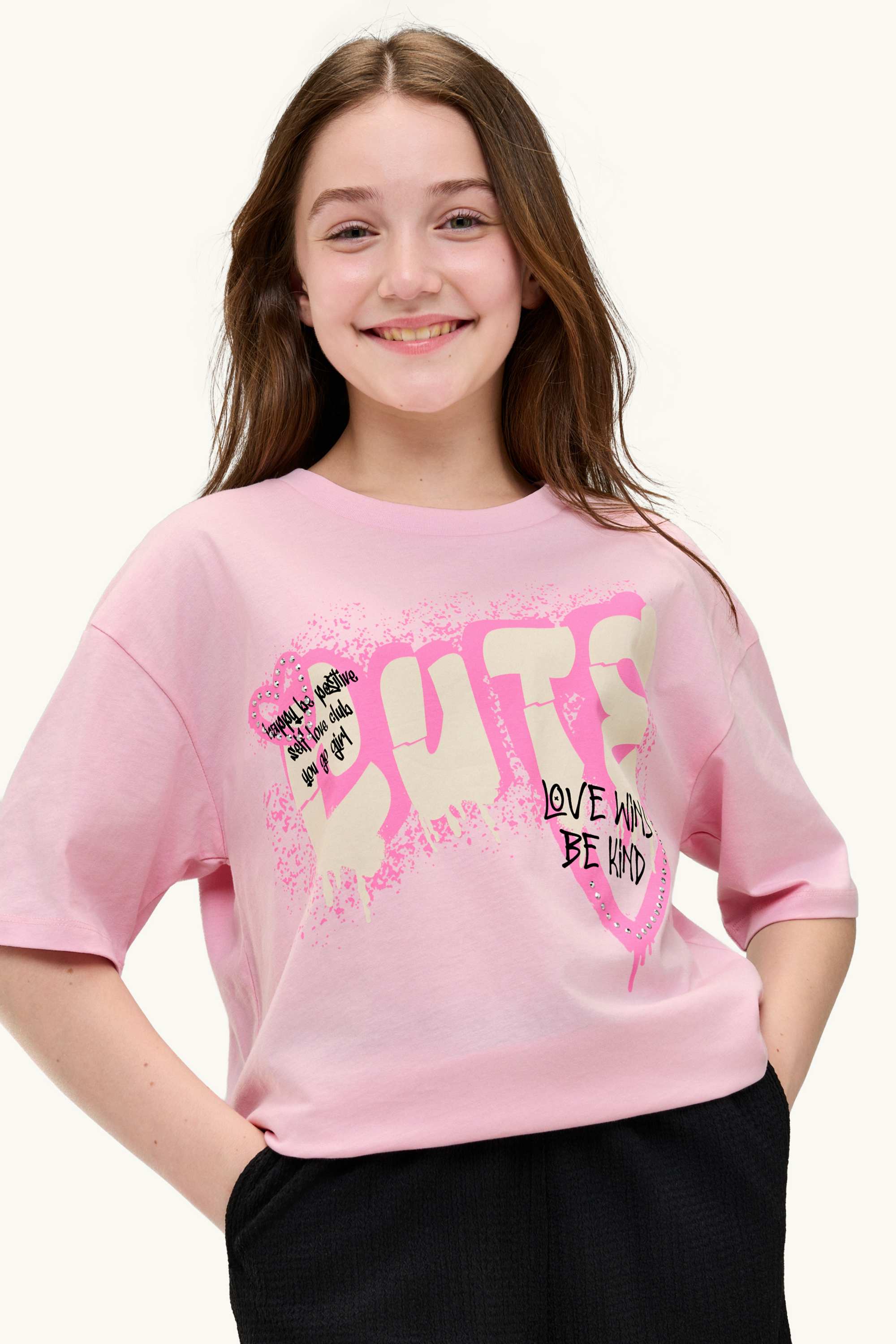 Graffiti - short sleeve T-shirt with rhinestones rose