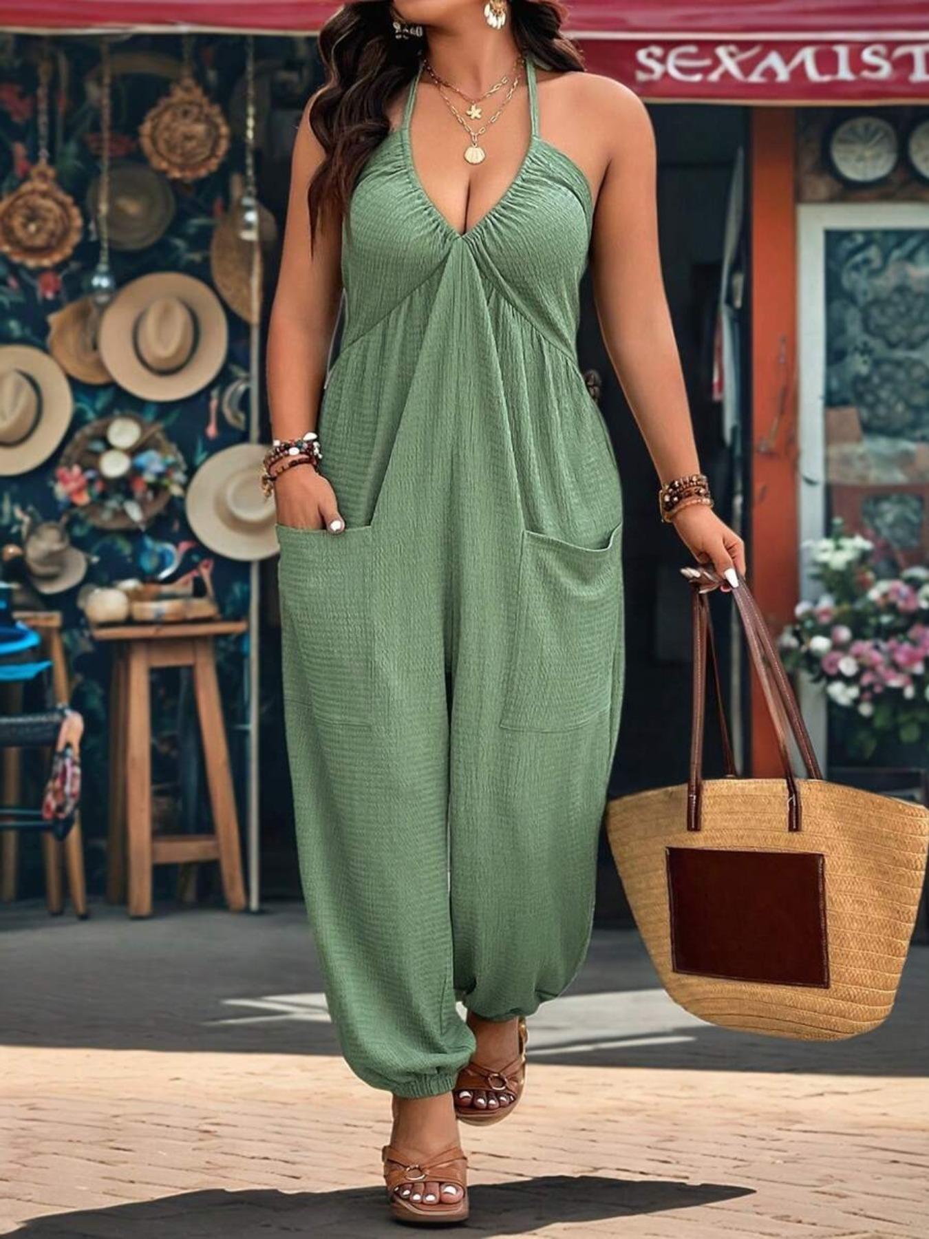 【Plus Size】 Solid Color Pocket Open Back Jumpsuit, Overall Jumpsuits, Casual Sleeveless Jumpsuit for Daily Wear, Women's Plus Clothing for All Seasons 【Plus Size】 Solid Color Pocket Open Back Jumpsuit, Overall Jumpsuits, Casual Sleeveless Jumpsuit for Daily Wear, Women's Plus Clothing for All Seasons