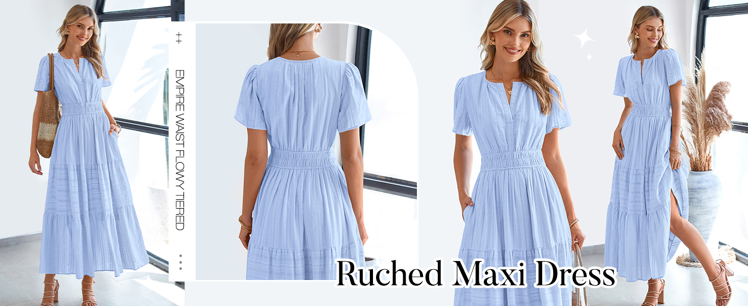 Women's Lightweight Short Sleeve V Neck Maxi Dress with Pockets