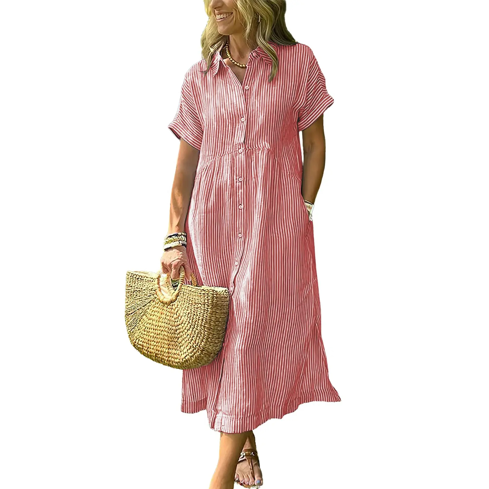 Women's Loose Midi Striped Shirt Dress