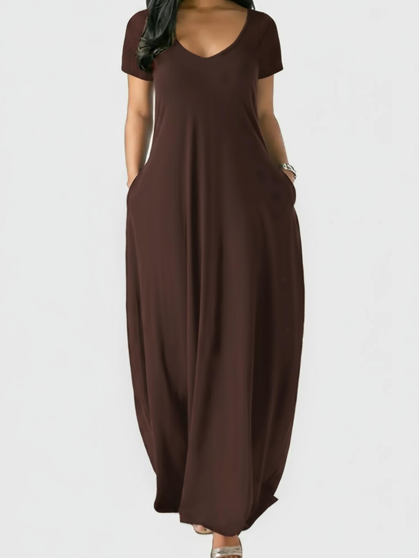 Women's Long Coffee Color Loungewear Dress, Casual Fitted Style, Large Round Neck Short Sleeve Pocket Sleepwear, Soft Fabric Everyday All Seasons Wear