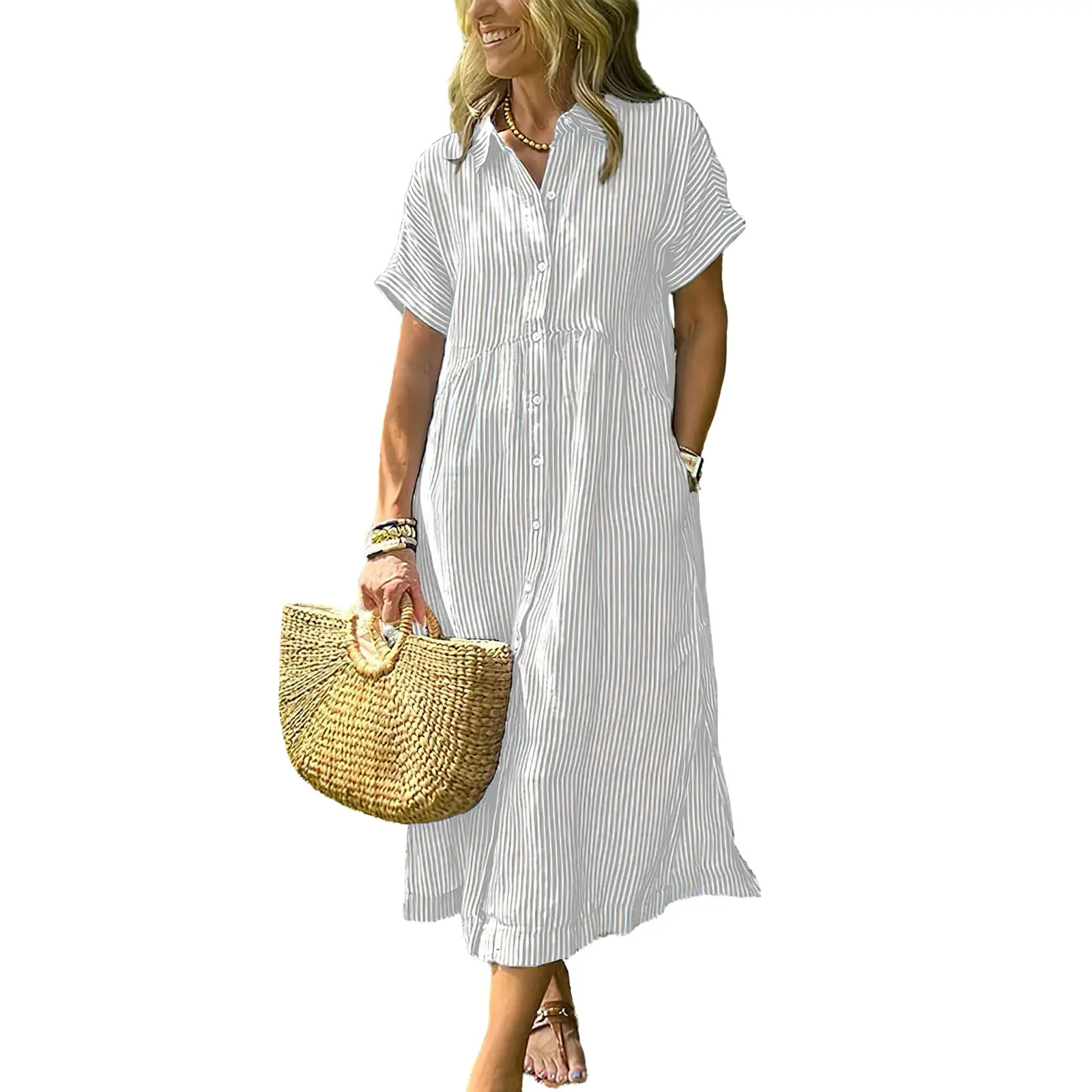 Women's Loose Midi Striped Shirt Dress