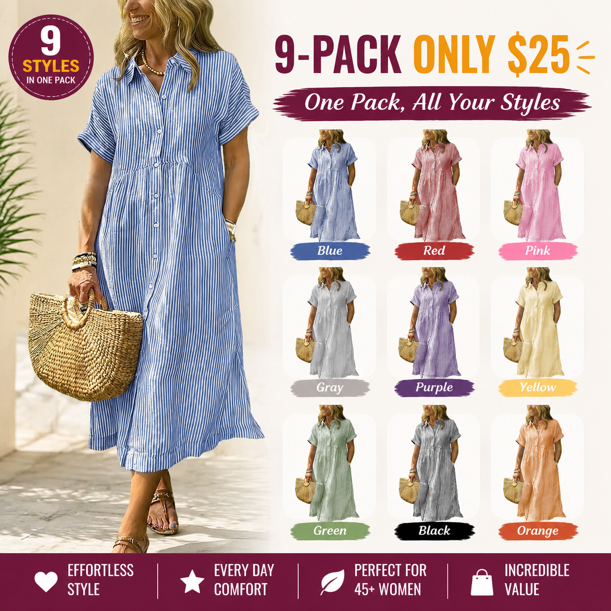 Women's Loose Midi Striped Shirt Dress
