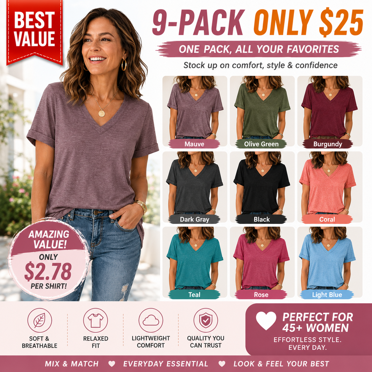 Women's Sleeve Basic Casual V Neck Tops Short