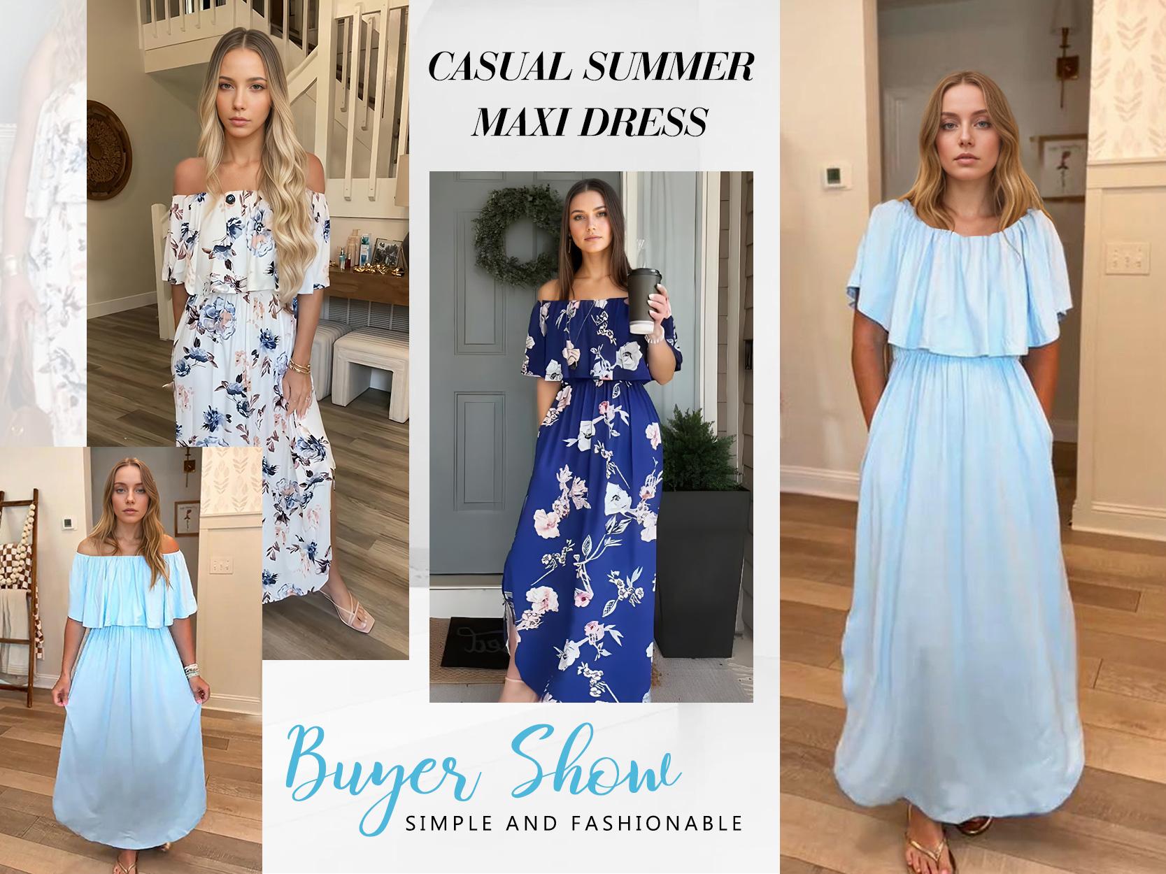 [Restocked] AUSELILY Women's Plus Size Off The Shoulder Dress Wedding Guest Dress Summer Casual Long Ruffle Party Side Split Beach Maxi Dresses with Pockets