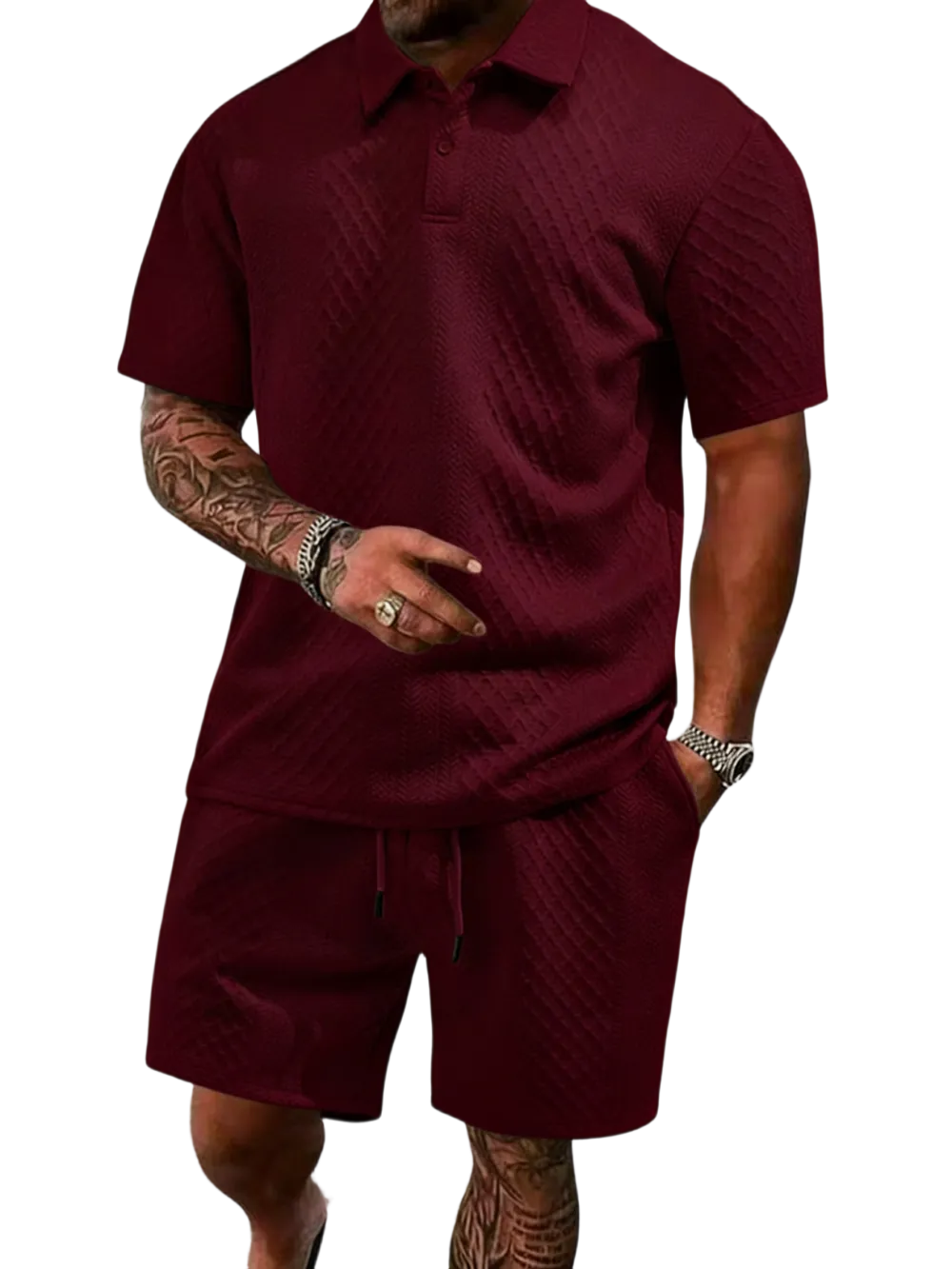 Men's Summer Casual Textured Polo Shirt and Shorts Two-Piece Set