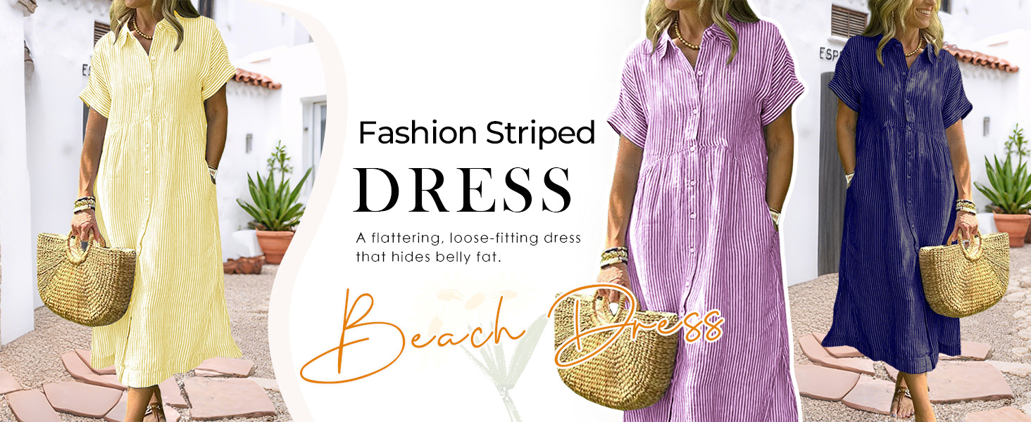 Women's Loose Midi Striped Shirt Dress