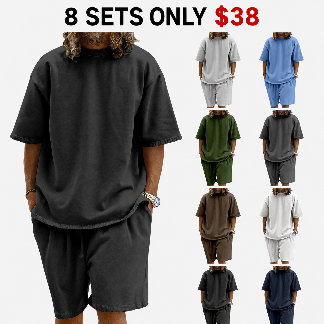 8-Piece Set - !Men's Casual Two-Piece Short Sleeve Shirt and Shorts Set