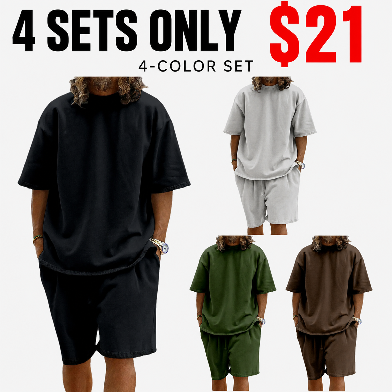 8-Piece Set - !Men's Casual Two-Piece Short Sleeve Shirt and Shorts Set