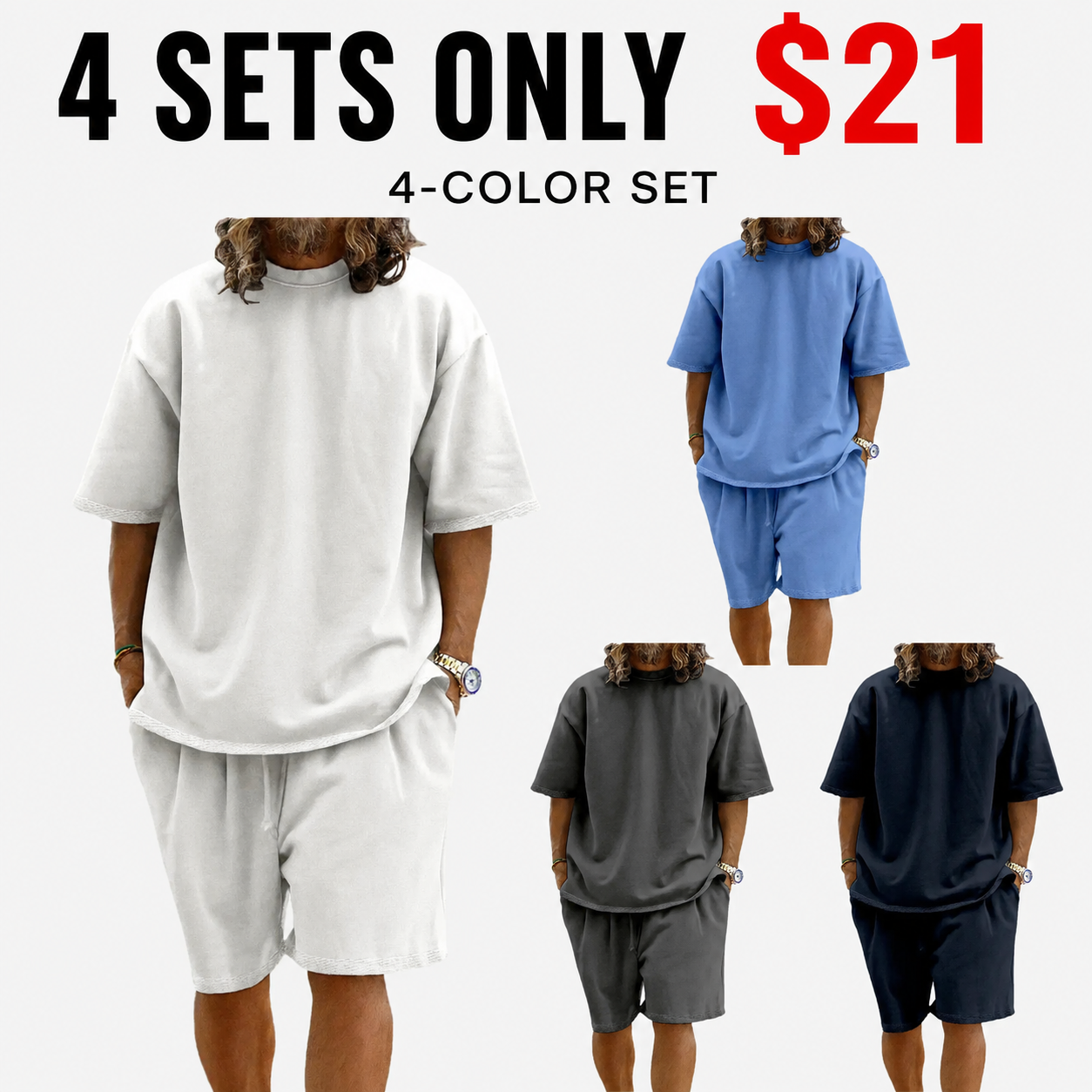 8-Piece Set - !Men's Casual Two-Piece Short Sleeve Shirt and Shorts Set