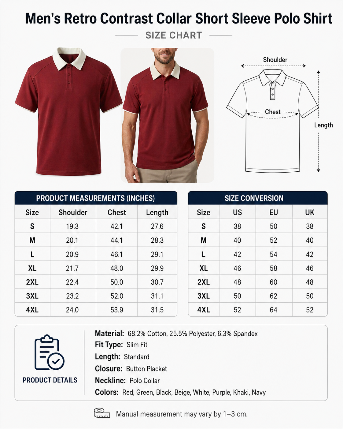 8-Pack!Men's Retro Contrast Collar Short Sleeve Polo Shirt