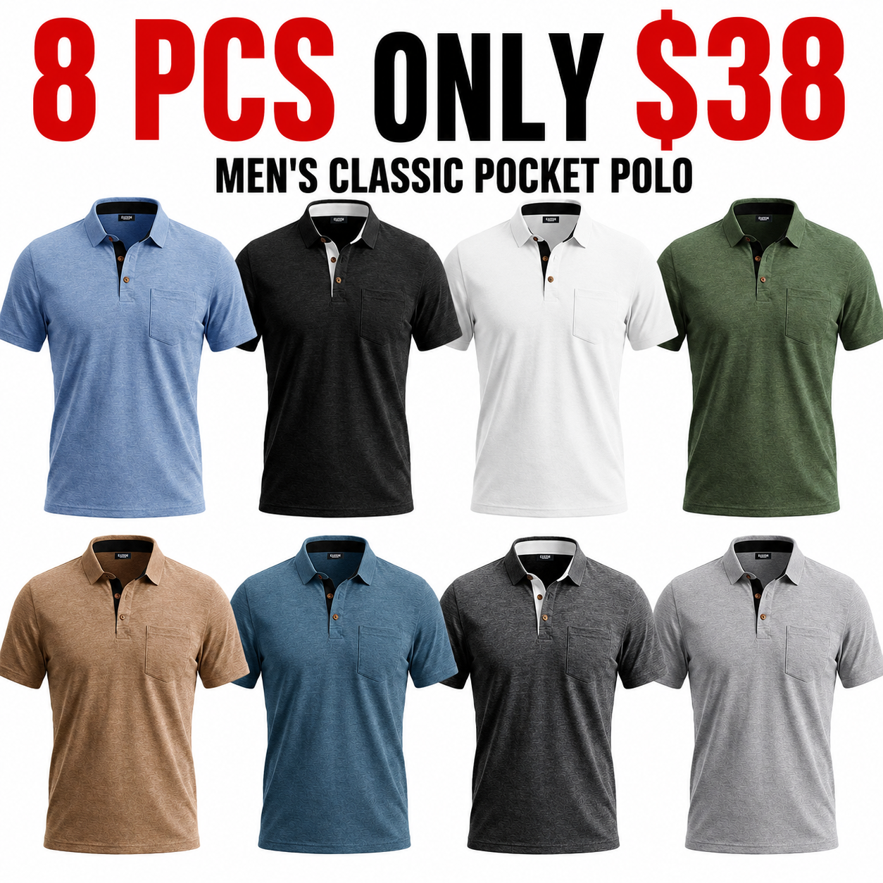 8-Pack!Men's Classic Pocket Polo Short Sleeve Shirt
