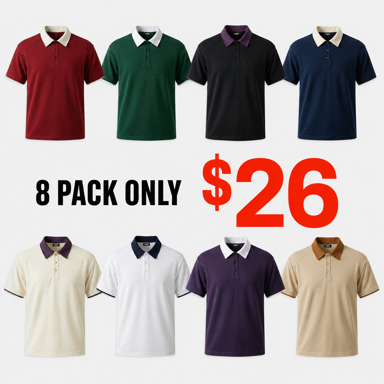8-Pack!Men's Retro Contrast Collar Short Sleeve Polo Shirt