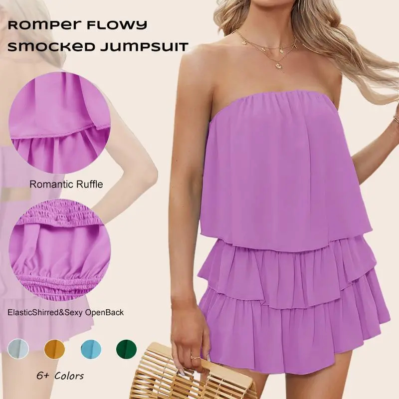 ⚡CLEARANCE SALE⚡- Women's Off The Shoulder Romper Flowy Strapless Smocked Jumpsuit Playsuits Dress