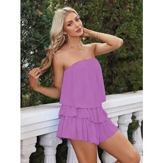⚡CLEARANCE SALE⚡- Women's Off The Shoulder Romper Flowy Strapless Smocked Jumpsuit Playsuits Dress