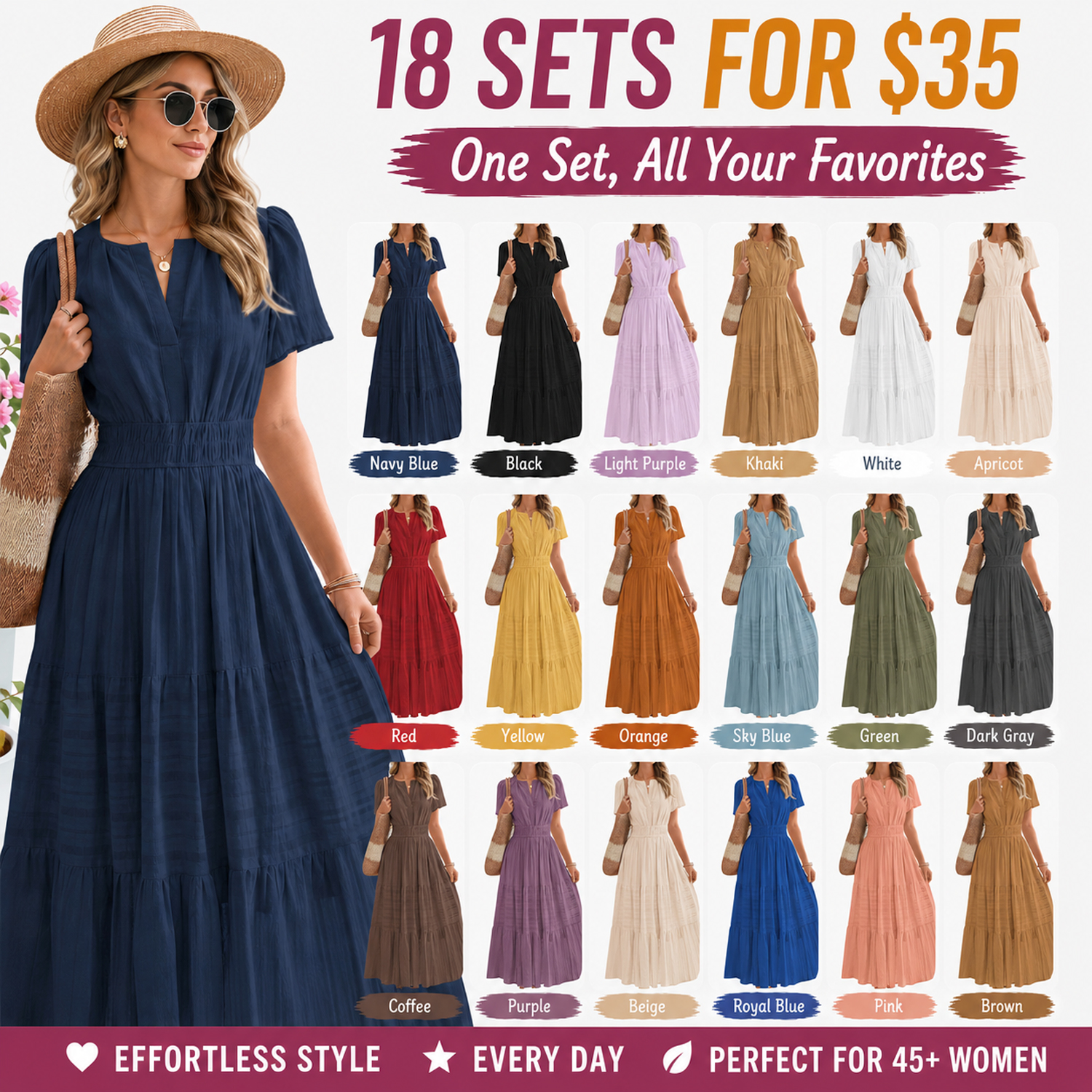 Women's Lightweight Short Sleeve V Neck Maxi Dress with Pockets