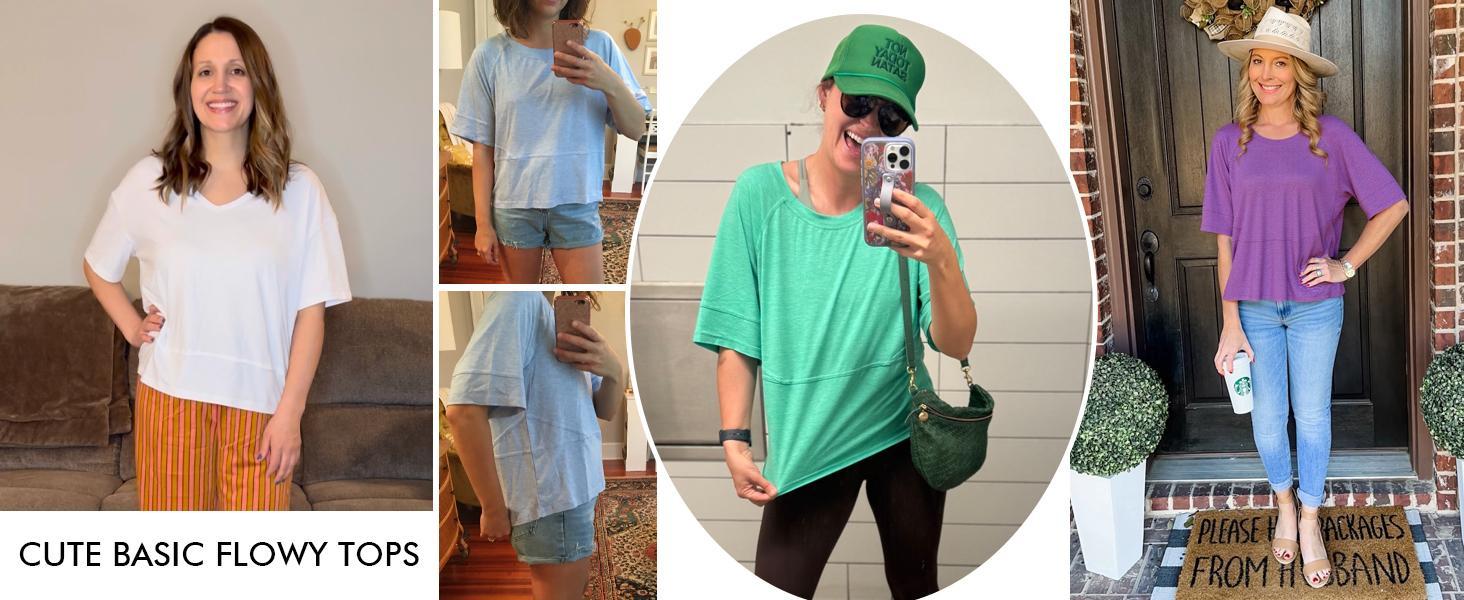 Imily Bela Women's Summer Casual Crewneck Batwing Half Sleeve T-Shirts Solid Color Loose Fit Cute Basic Flowy Tops Tees Blouses