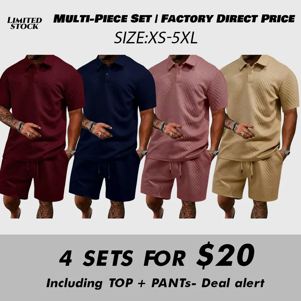 Men's Summer Casual Textured Polo Shirt and Shorts Two-Piece Set