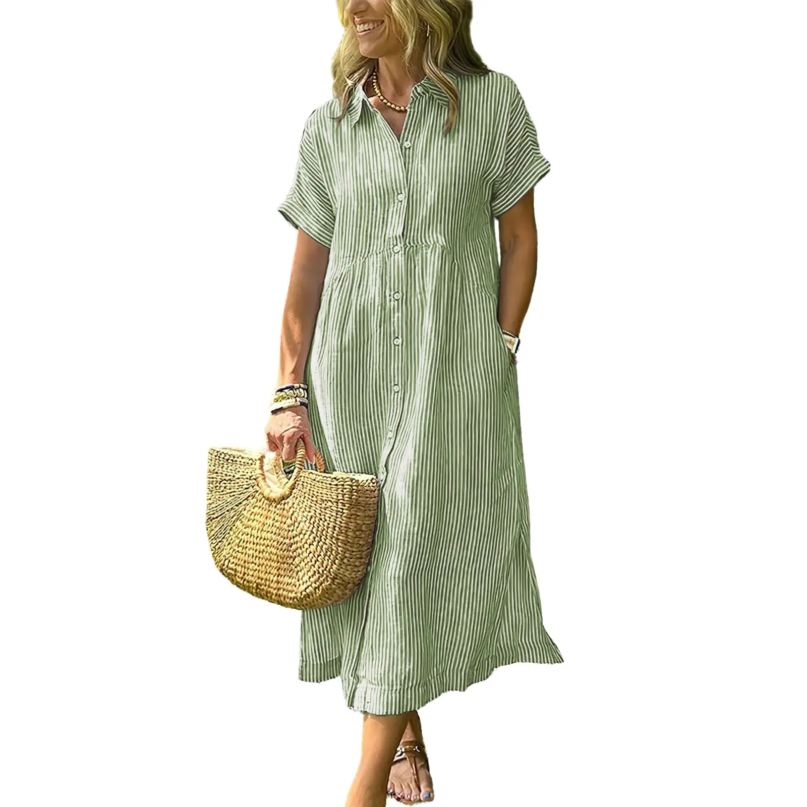 Women's Loose Midi Striped Shirt Dress