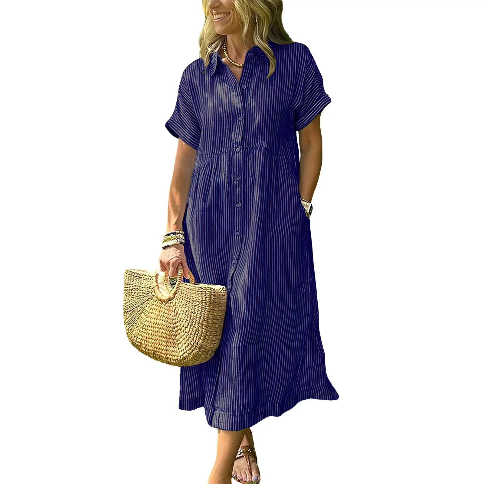 Women's Loose Midi Striped Shirt Dress