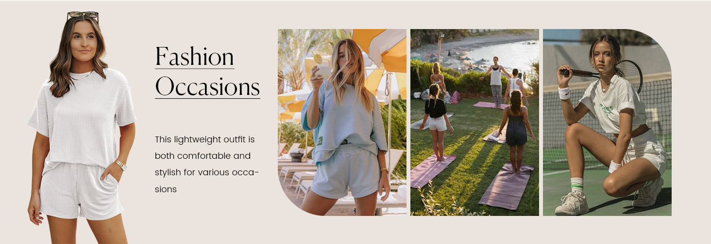 Women's Summer Casual Pajamas Ribbed Textured Outfit Matching Two Piece Sets with Pockets