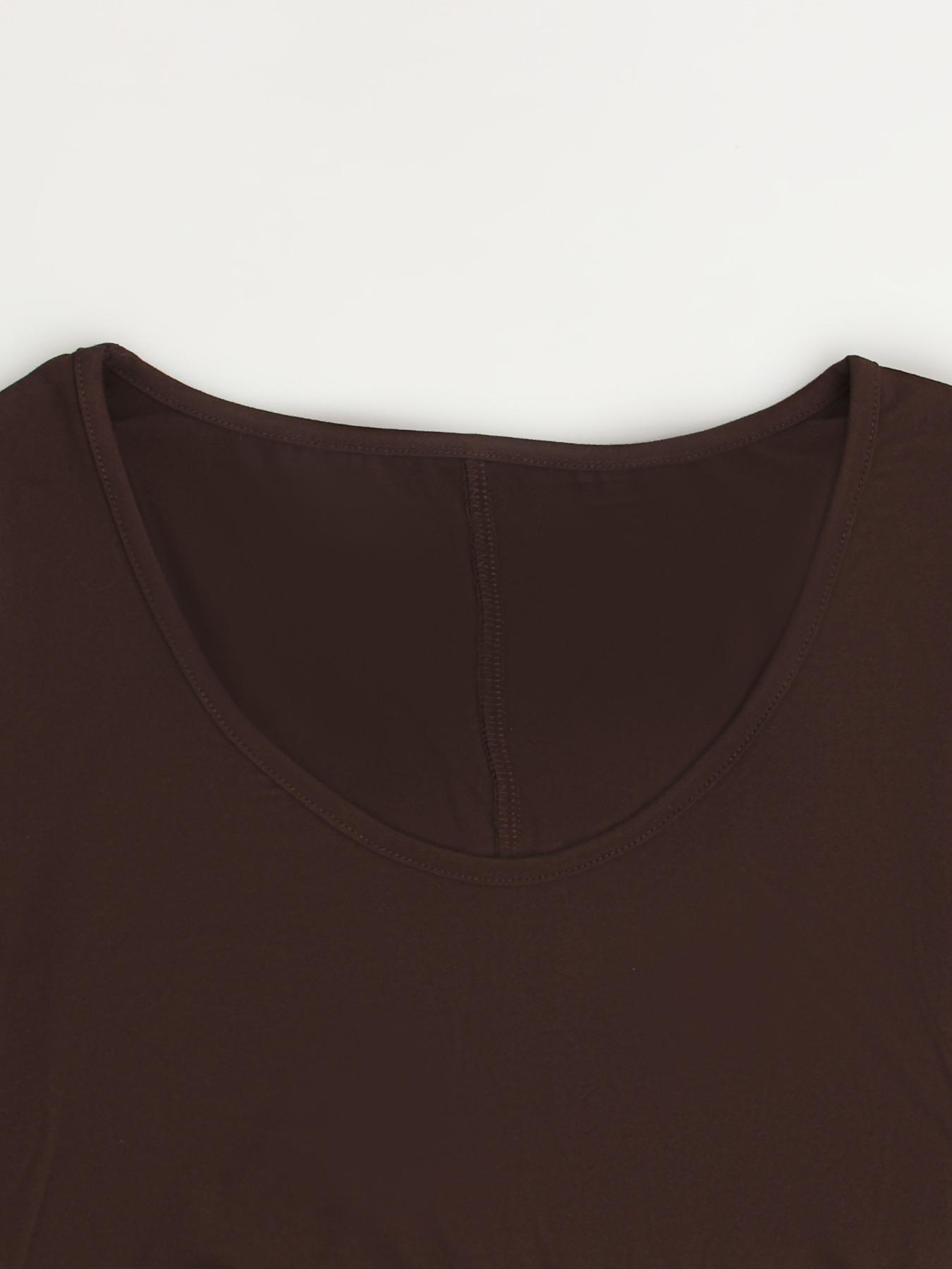 Women's Long Coffee Color Loungewear Dress, Casual Fitted Style, Large Round Neck Short Sleeve Pocket Sleepwear, Soft Fabric Everyday All Seasons Wear