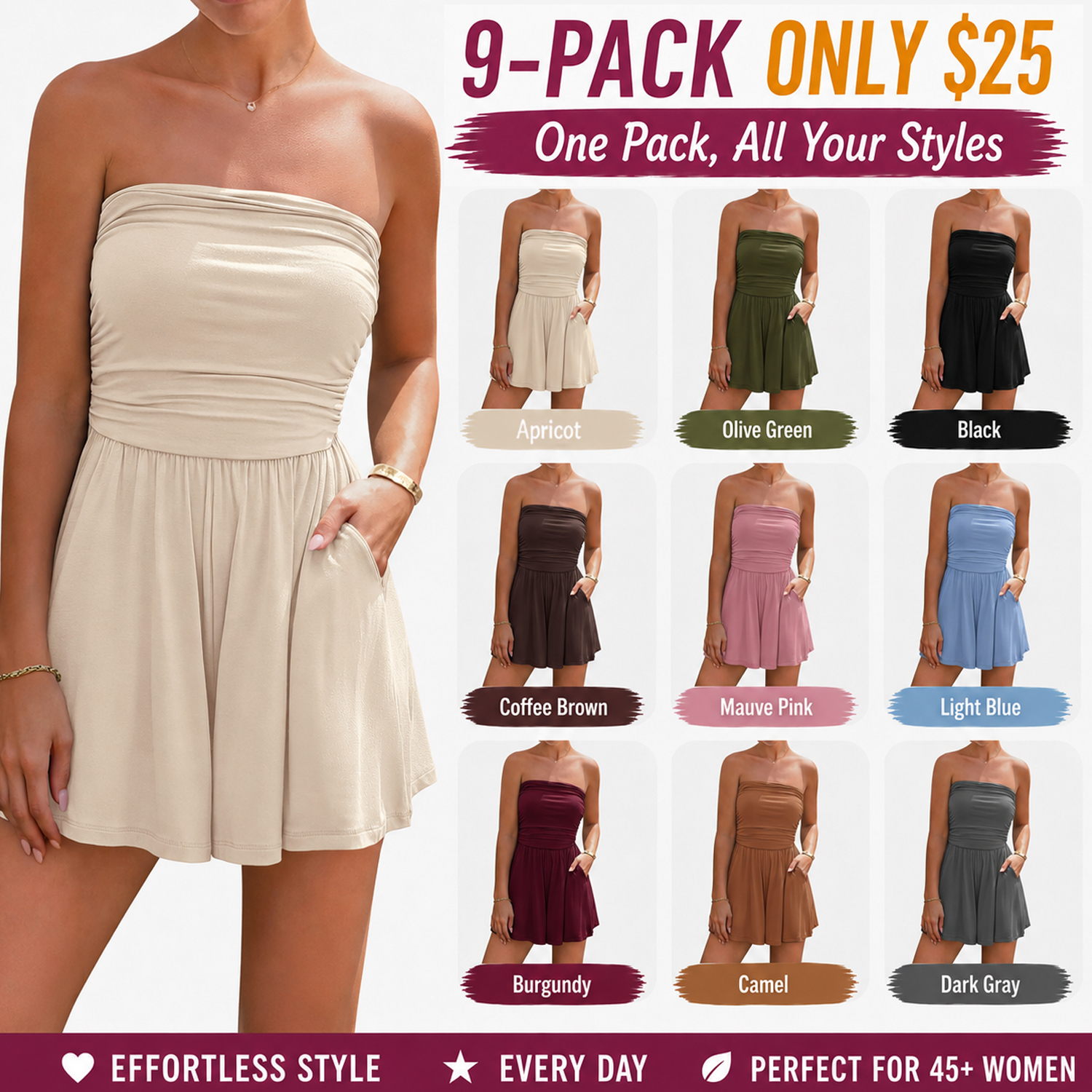 Women's Strapless Tube Romper with Pockets