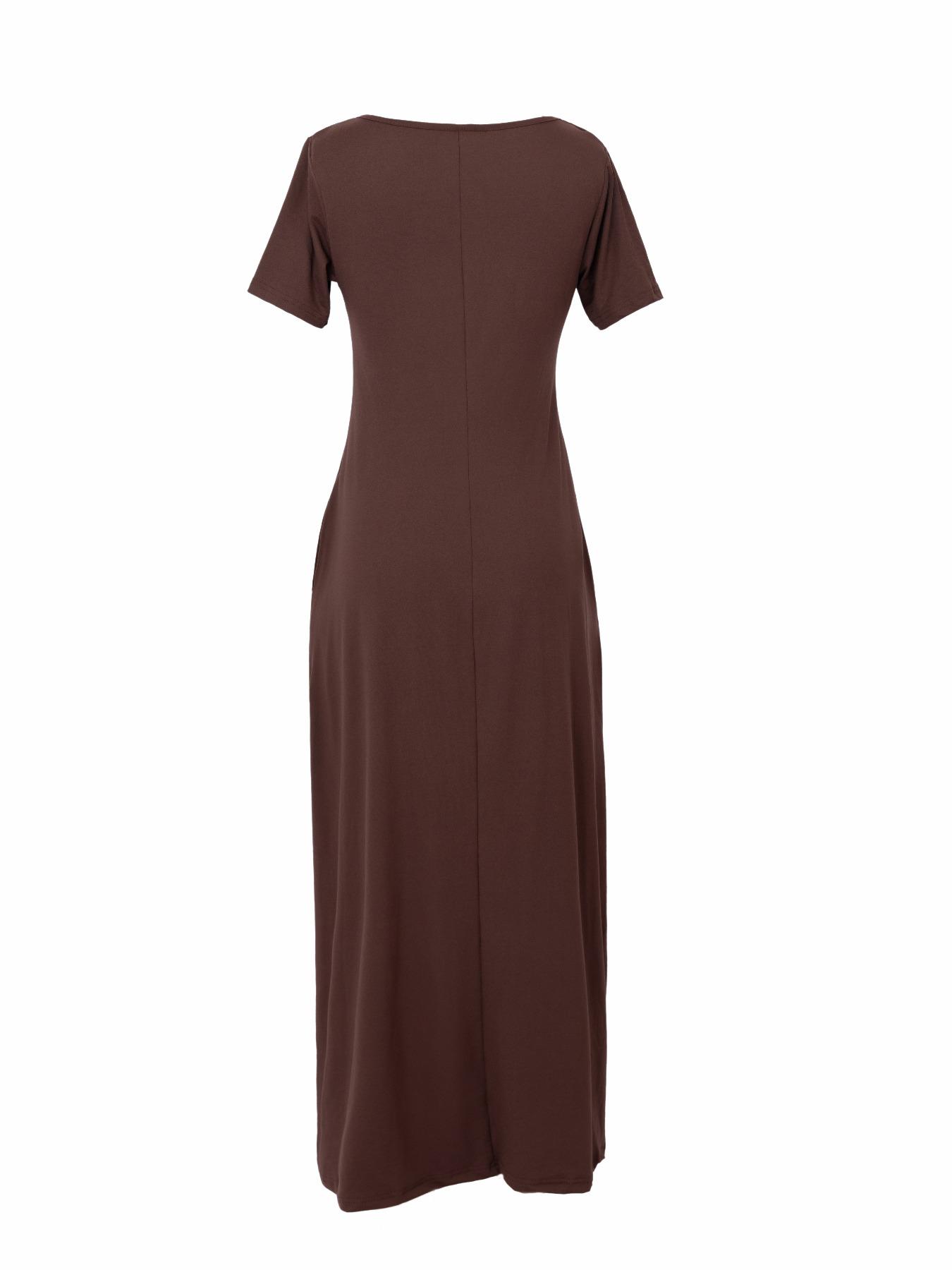 Women's Long Coffee Color Loungewear Dress, Casual Fitted Style, Large Round Neck Short Sleeve Pocket Sleepwear, Soft Fabric Everyday All Seasons Wear
