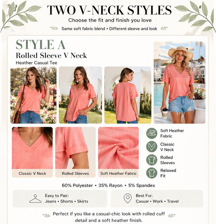 Women's Sleeve Basic Casual V Neck Tops Short
