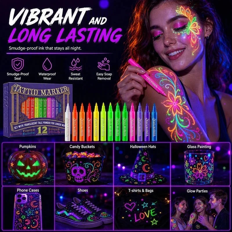 🔥Last 40pcs🎉 -✨🎨Novocanvas Glow Party Tattoo Pens – Light Up Your Look 