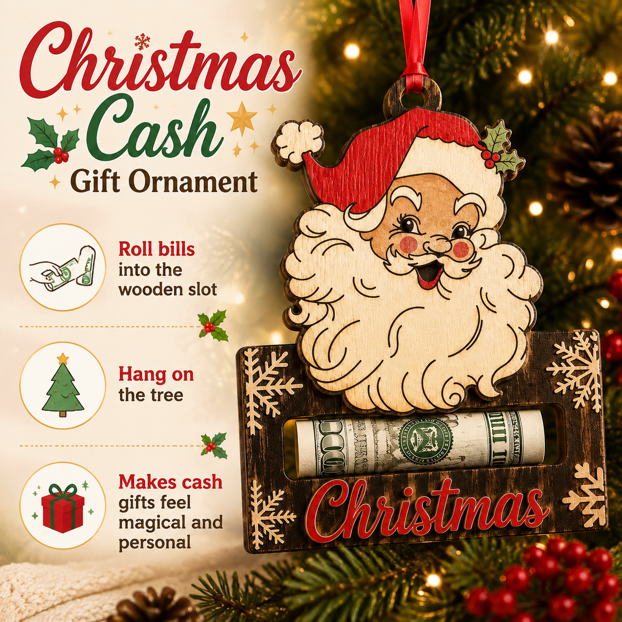 🔥Last 40pcs🎉-✨🎄 Wooden Christmas Cash Gift Holder Ornament – Make Cash Feel Like a Real Christmas Gift