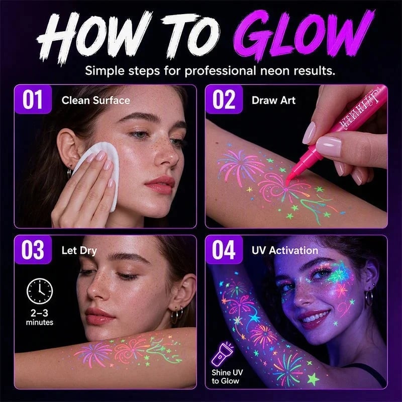 🔥Last 40pcs🎉 -✨🎨Novocanvas Glow Party Tattoo Pens – Light Up Your Look 