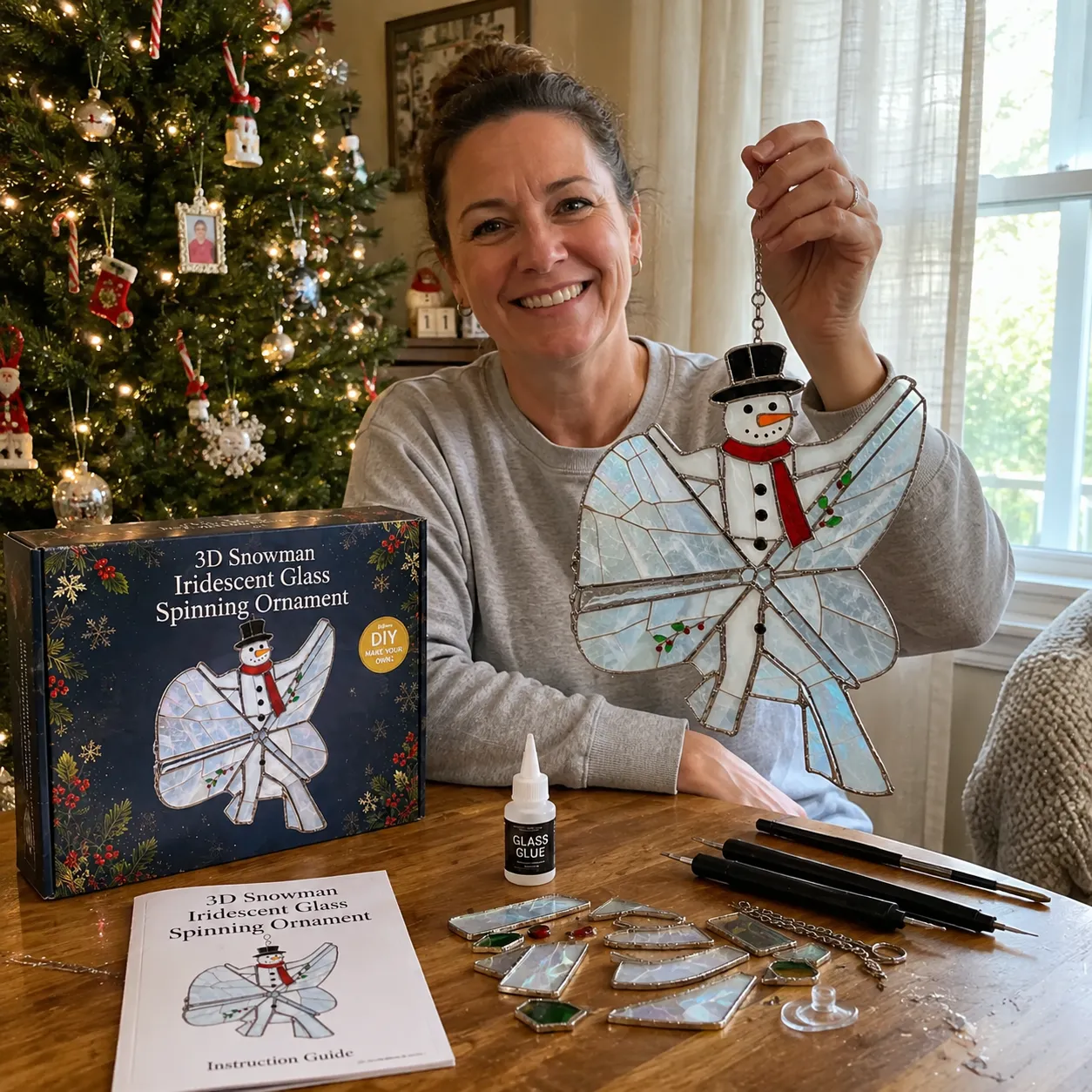Woman Holding Finished Christmas Snowman Suncatcher